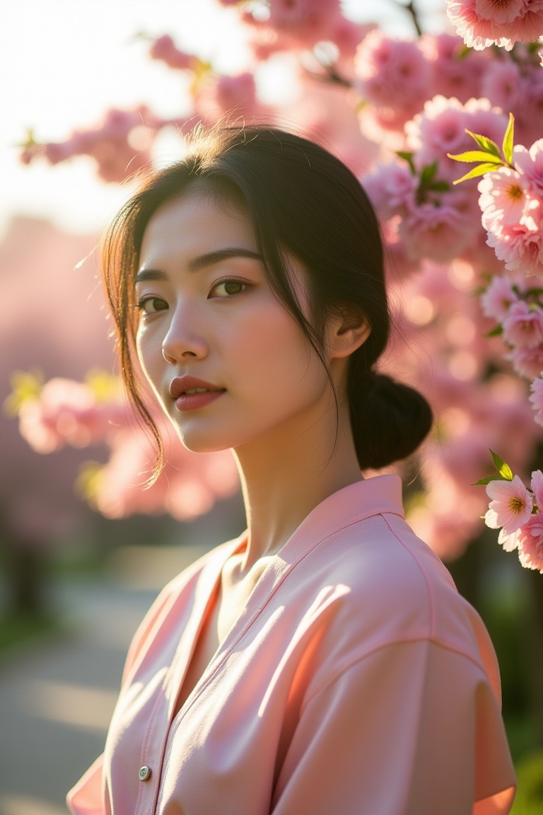cinereal_portrait,  cinematic portrait of an Asian woman standing near cherry blossoms,  soft sunlight on Tensor.Art