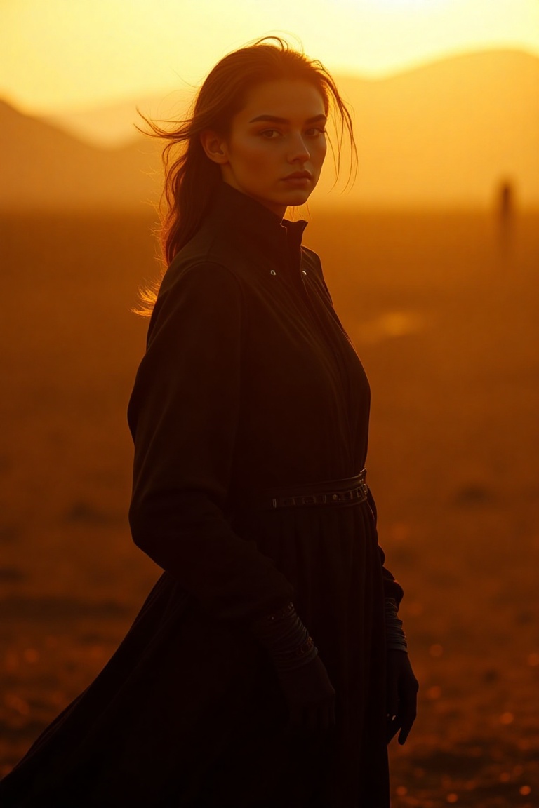 cinereal_portrait,  cinematic portrait of a beautiful young woman wear beautiful fully cover gothic dress standing in gold...