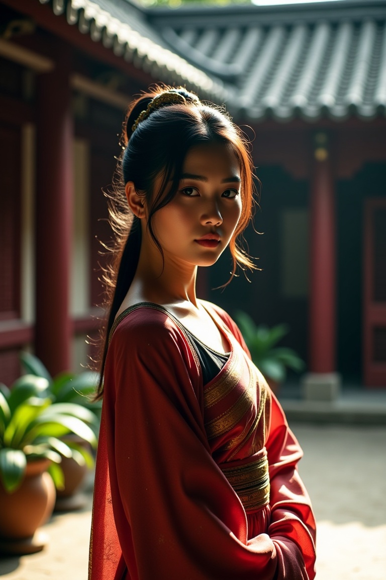 cinereal_portrait,  cinematic portrait of an Asian woman wearing traditional clothing in a historical courtyard,  dramatic...