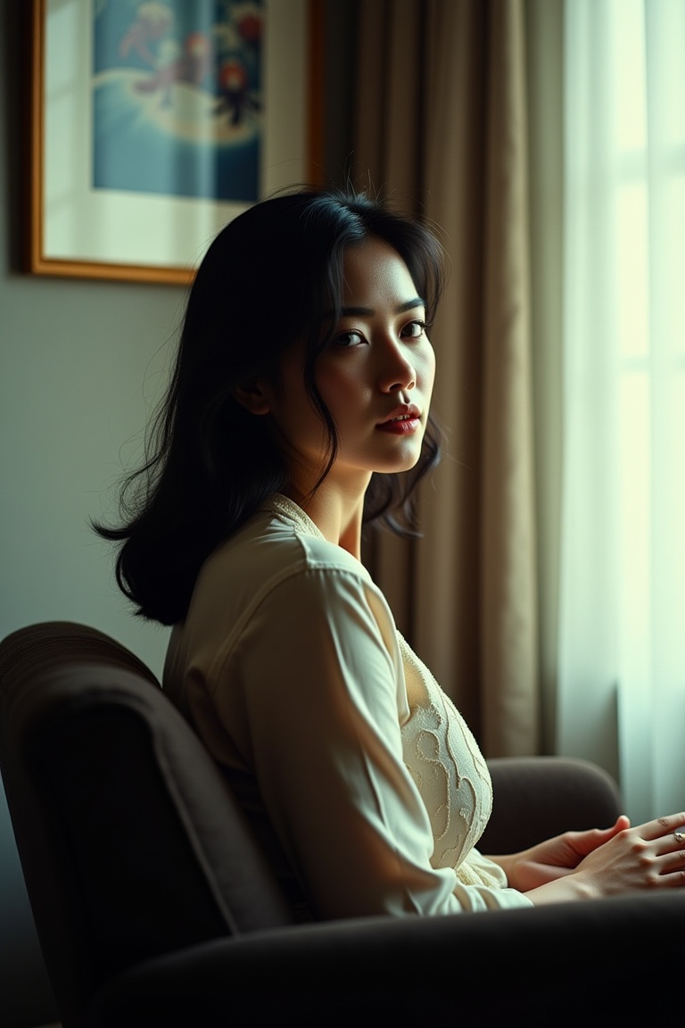cinereal_portrait,  cinematic portrait of an Asian woman sitting near a window with soft daylight,  emotional mood on Tens...