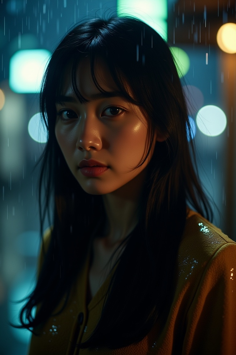 cinereal_portrait,  cinematic portrait of an Asian woman in a rainy scene with reflections,  moody lighting on Tensor.Art