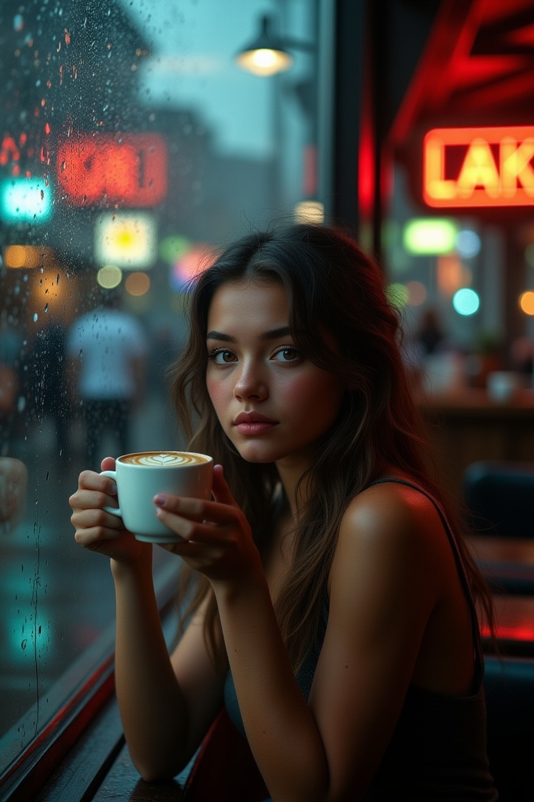 ultra cinematic realism,  photorealistic cinematic portrait of a beautiful girl sitting by the window of a coffee shop on...