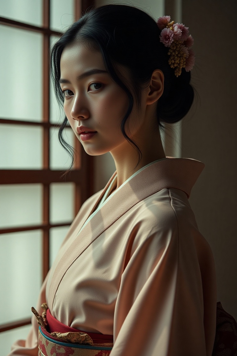 cinereal_portrait,  cinematic portrait of a young woman wearing traditional kimono,  soft natural lighting on Tensor.Art