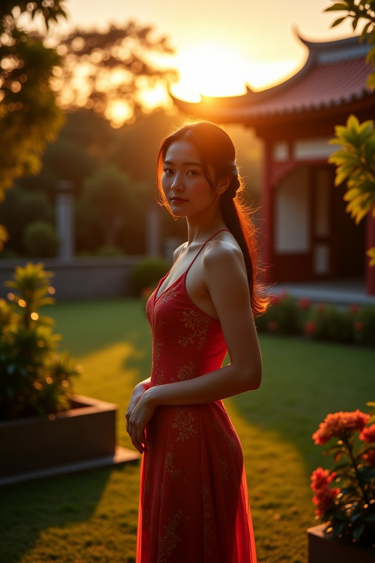cinereal_portrait,  cinematic portrait of an Asian woman standing in a traditional garden during sunset,  warm rim lightin...