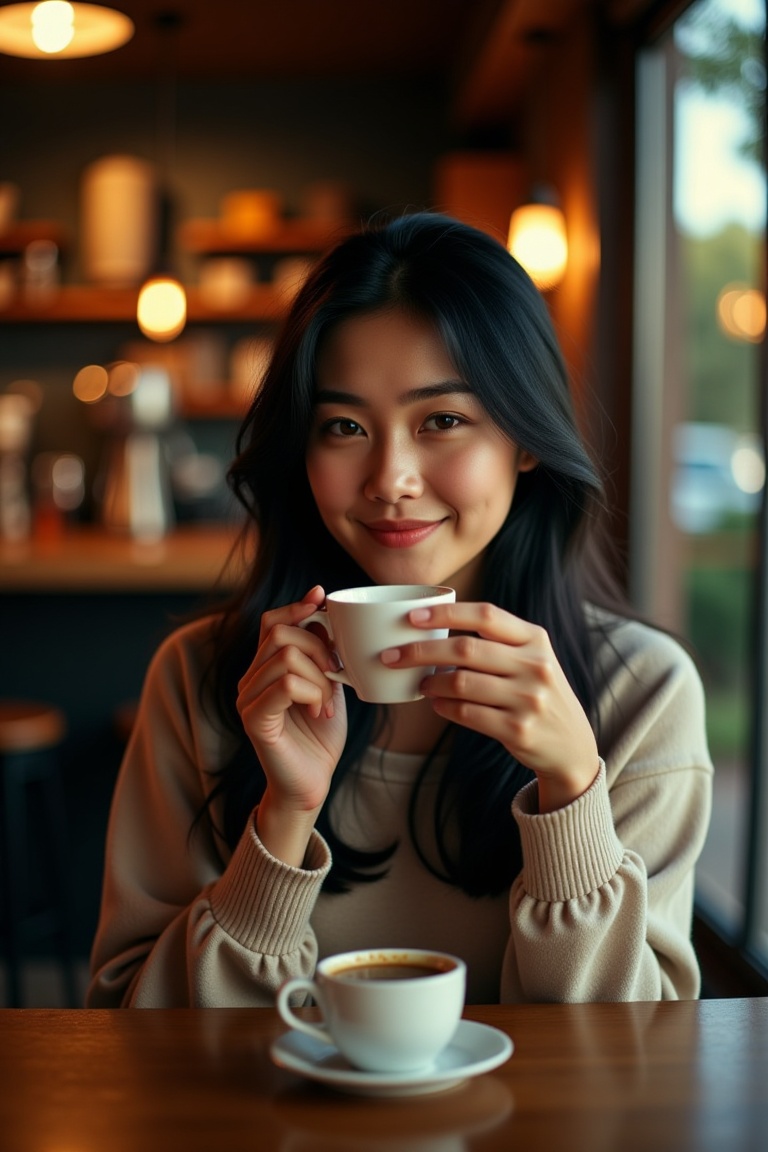 cinereal_portrait,  cinematic portrait of an asian woman holding a cup of coffee in a cozy cafe,  warm tones on Tensor.Art