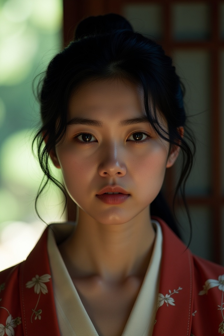 cinereal_portrait,  cinematic portrait of a young Asian woman wearing traditional kimono,  soft natural lighting on Tensor...