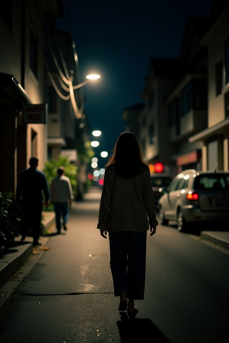 cinereal_portrait,  cinematic portrait of an Asian woman walking through a quiet street at night,  cinematic atmosphere on...