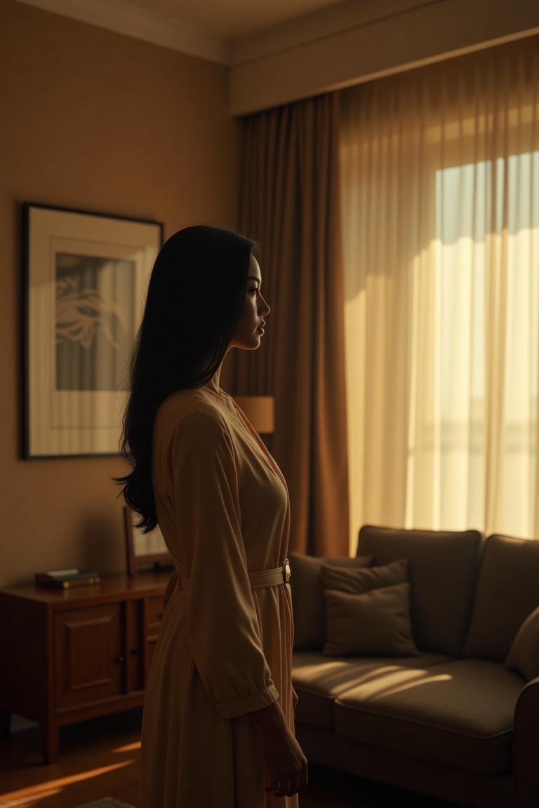 cinereal_portrait,  cinematic portrait of an elegant asian woman in a minimalist apartment interior,  warm ambient lightin...
