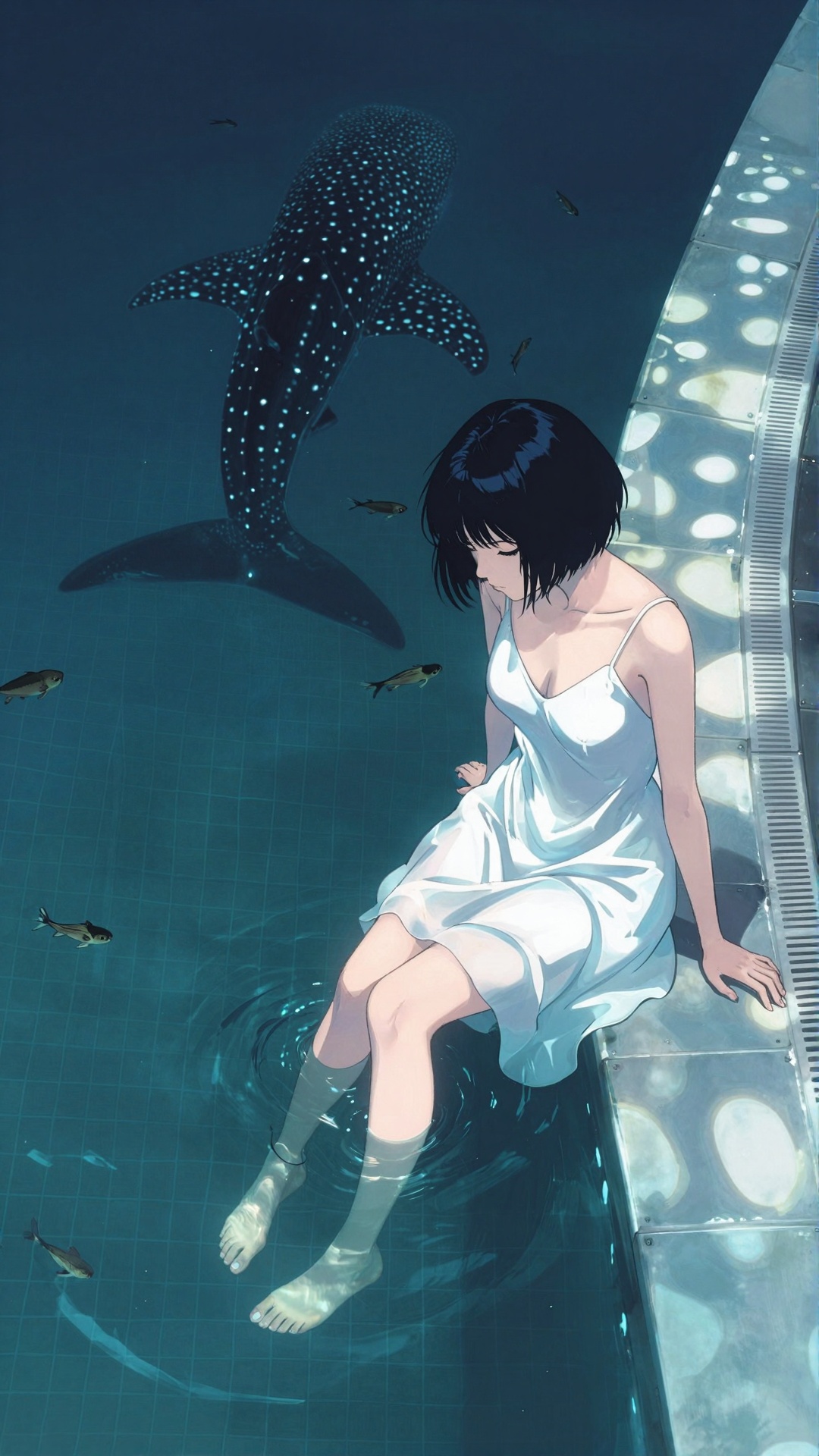 1. **Young Woman:** Central figure; sitting on the edge of a large pool; dipping her bare feet into the water; looking dow...