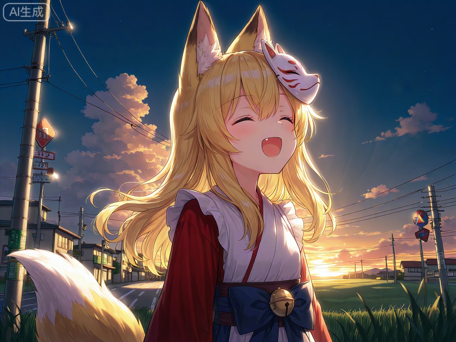 masterpiece,best_quality,1girl,winefox,upper_body,look up,light_smile,open_mouth,fang,eyes_closed,sky,outdoors,sunset,cloud,sign,power_lines,building,grass,utility_pole,night_sky,road_sign