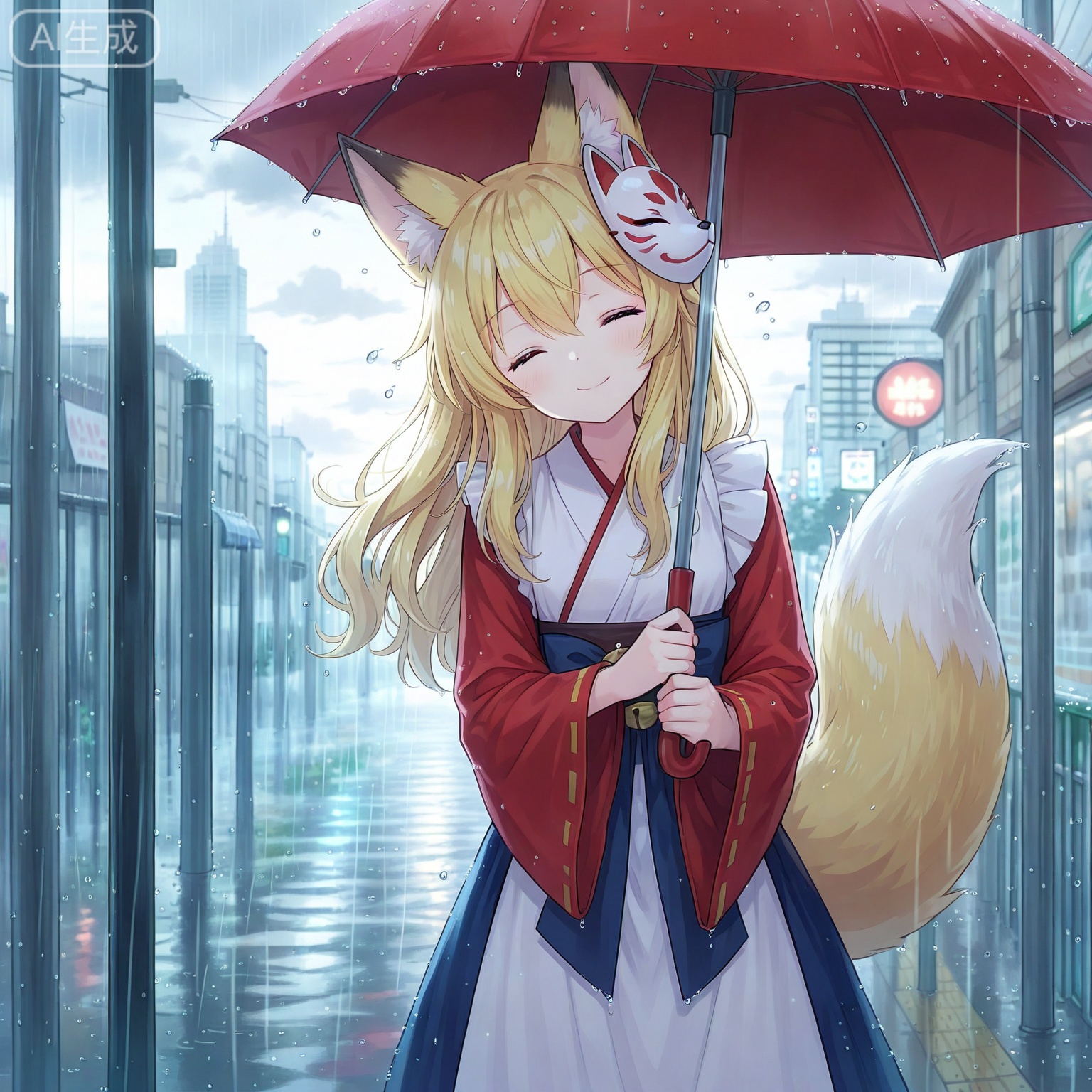 masterpiece,best_quality,1girl,winefox,side_to_viewer,head_tilt,eyes_closed,light_smile,umbrella,cloud,raining,city,waterdrops