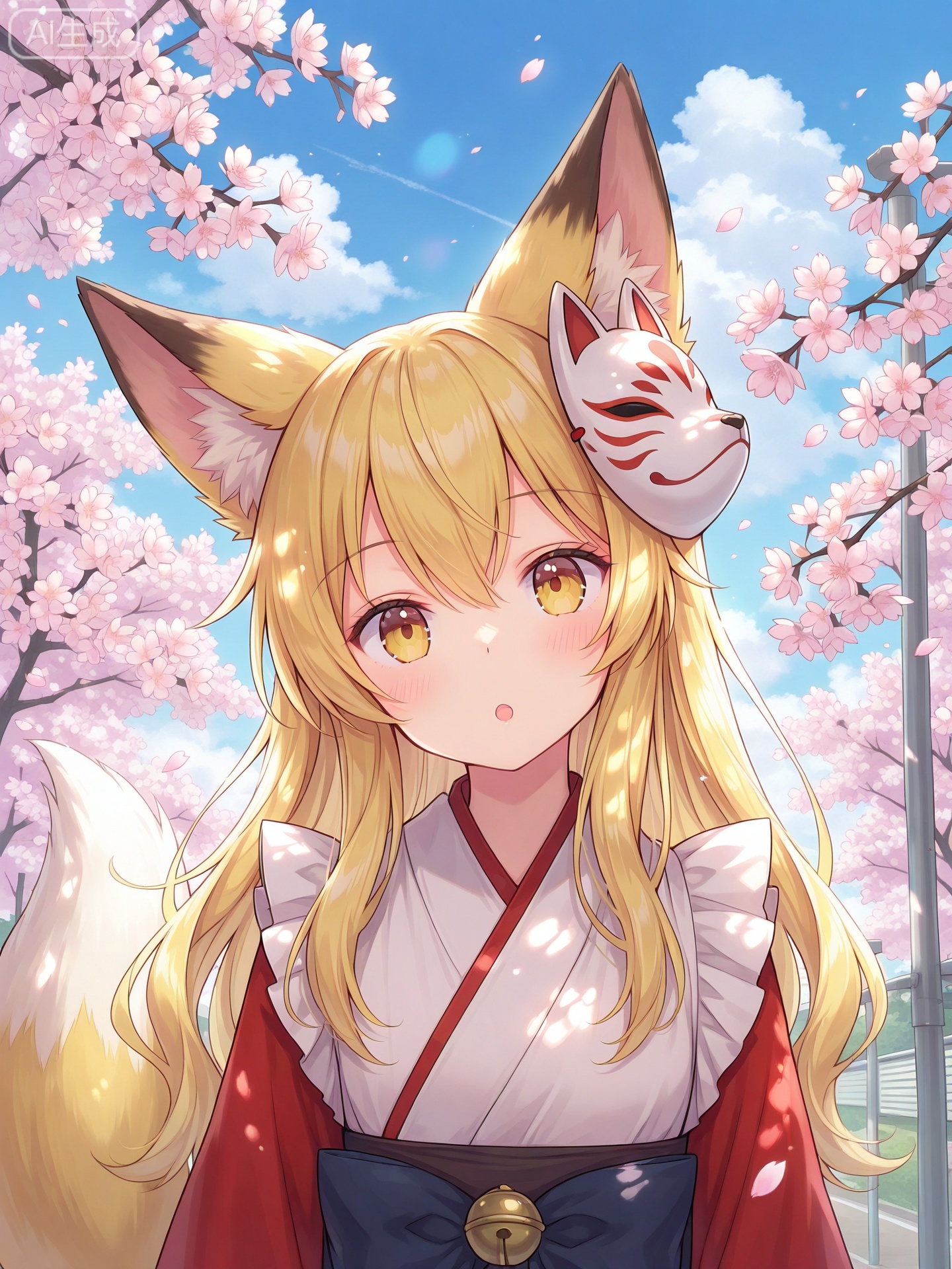 masterpiece,best_quality,1girl,winefox,upper_body,side_to_viewer,head_tilt,:o,outdoors,flowers,cloud,cherry_blossoms,sunshine