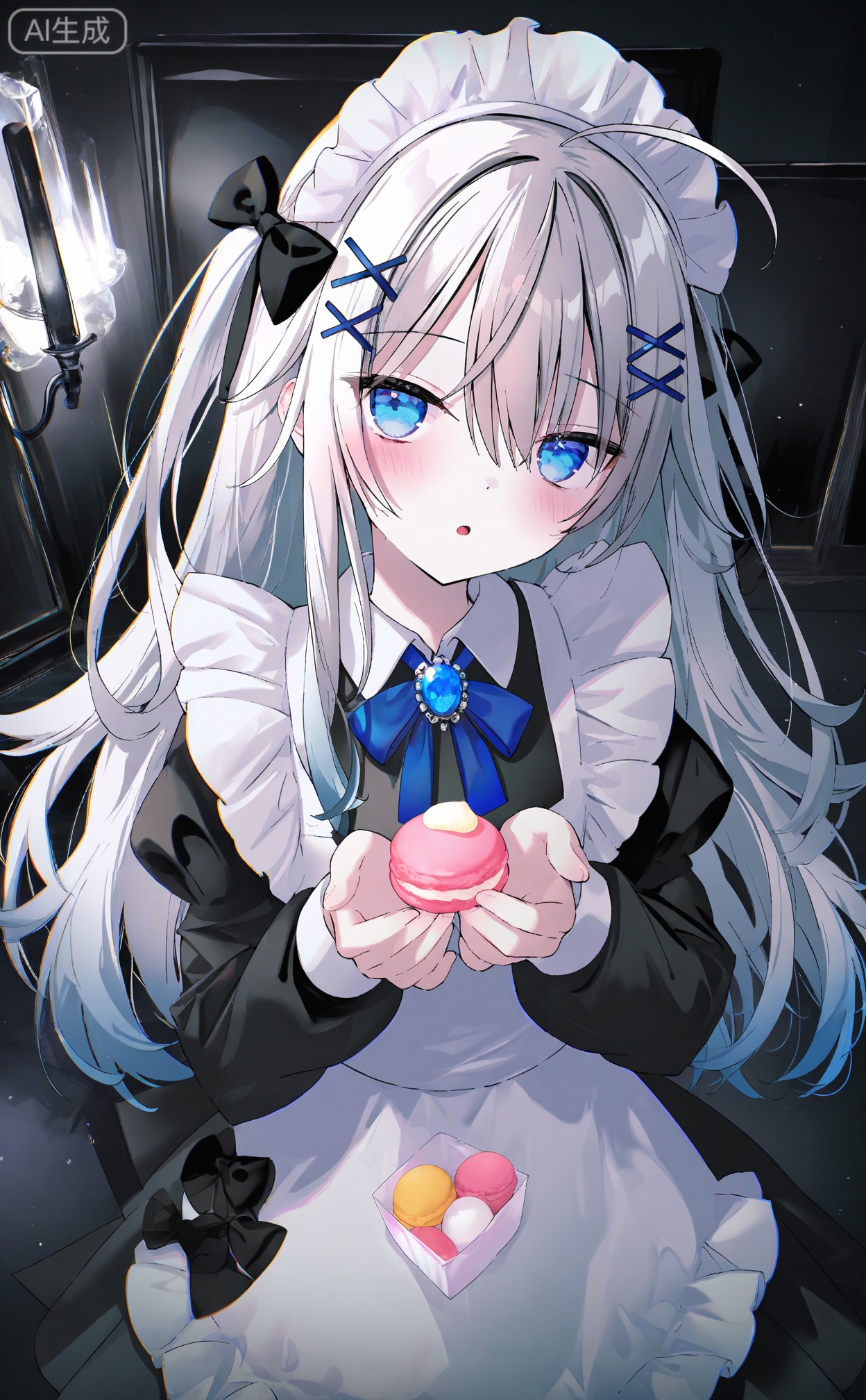 masterpiece,absurdres,best quality,loli,petite,high quality,chromatic_aberration,dark,black theme,
//,
1girl, macaron, long hair, solo, food, maid headdress, ahoge, blue eyes, maid, neck ribbon, heterochromia, dress, holding, apron, black dress, ribbon, looking at viewer, long sleeves, blue ribbon, white apron, hair ornament, frills, maid apron, bow, hair between eyes, hair over one eye, egg, brooch, parted lips, grey hair, holding food, blush, frilled apron, gem, collared dress, open mouth, white hair, x hair ornament, very long hair, hair bow, jewelry, puffy sleeves, white headdress, long bangs, black bow, looking up, black ribbon
//,
eip_(pepai),hoshi_(snacherubi),(mafuyu_(chibi21):0.56),(paruno:0.7),torino,(chen_bin:0.7),(koh_rd:0.5),(ling_dianxia:0.4),omone_hokoma_agm,(kamue:0.5),(Torino aqua:0.7),