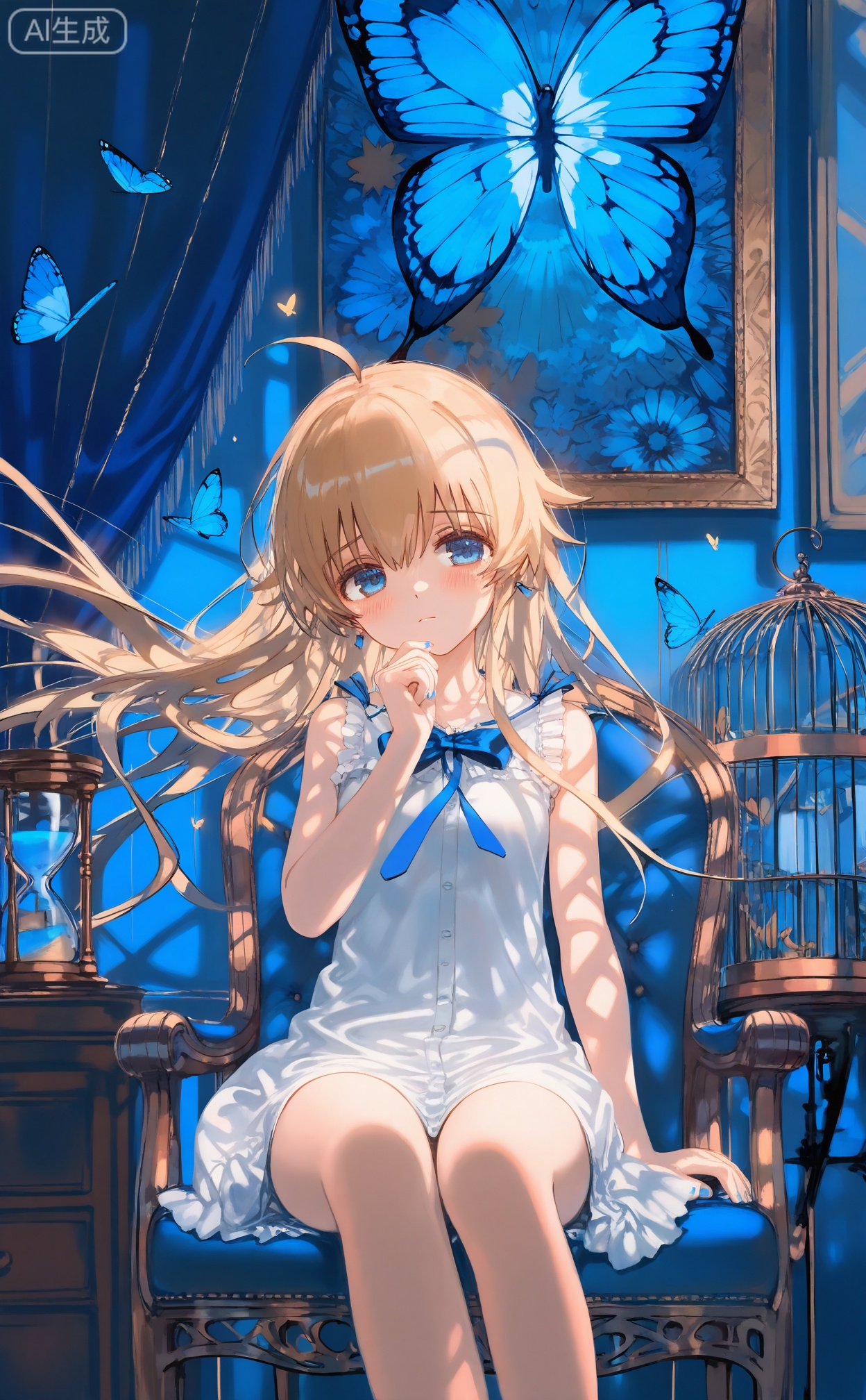 masterpiece,absurdres,best quality,((petite)),high quality,chromatic_aberration,shiny_skin,mmd,
//,
1girl, dress, solo, cage, birdcage, long hair, white dress, sitting, sleeveless, blue eyes, blonde hair, sleeveless dress, blue nails, ahoge, feet out of frame, hourglass, neck ribbon, ribbon, indoors, drawer, nail polish, earrings, jewelry, bow, bookshelf, chair, butterfly, bug, curtains, book, floating hair, closed mouth, blue bow, blue bowtie, frills, lamp, picture frame, blue ribbon, blue theme, bare arms, bowtie, bare shoulders, blush, breasts, clock, hand up
//,
(shiratama \(shiratamaco\)),{{umehara sei}},(((wlop))),{chen bin},((((ciloranko)))),{onineko},{noyu},{konya_karasue},