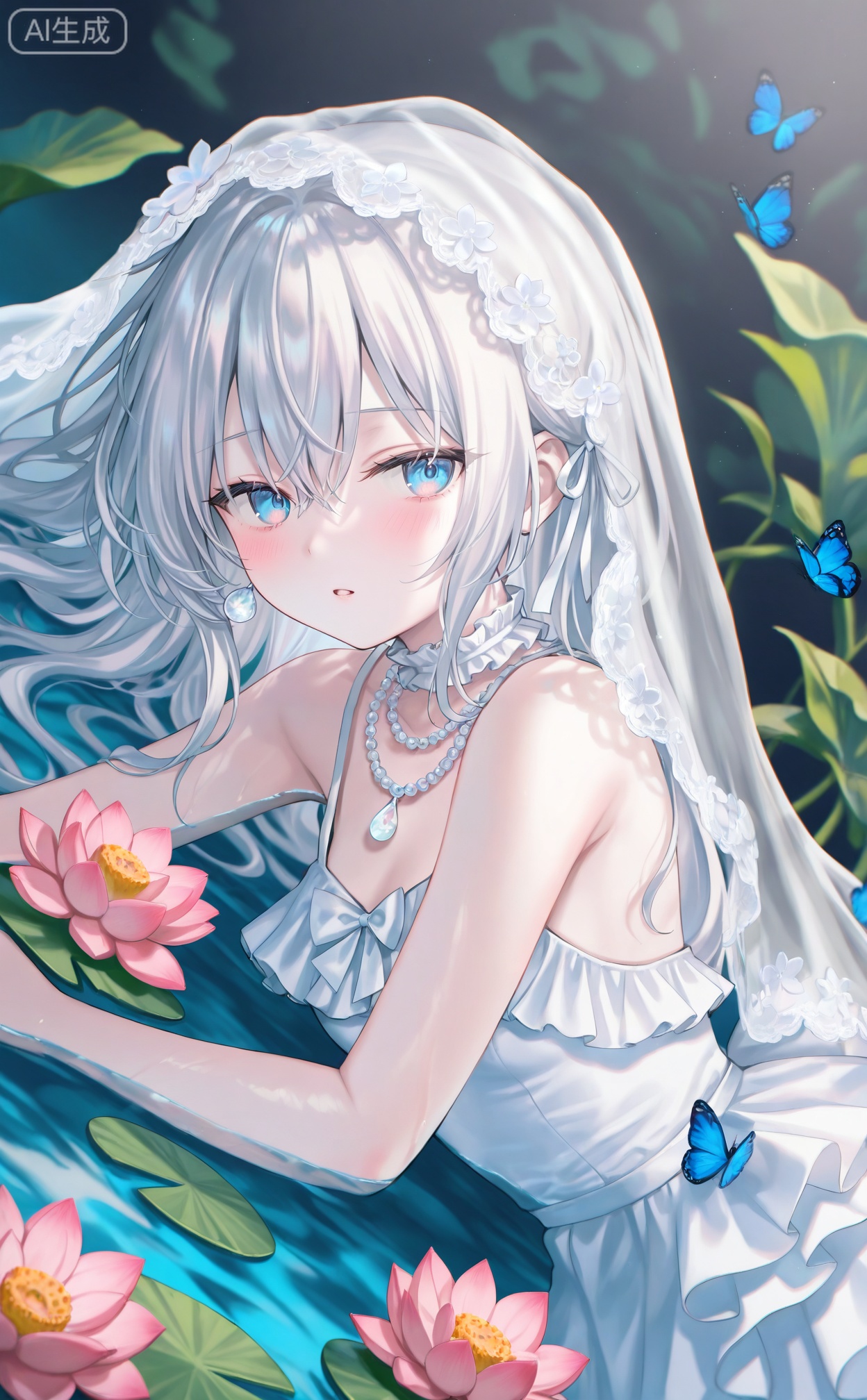 masterpiece,absurdres,best quality,((petite)),high quality,chromatic_aberration,hiny_skin,
//,
1girl, lily pad, solo, veil, dress, flower, white hair, lying, bug, blue eyes, white dress, looking at viewer, lotus, butterfly, parted lips, choker, jewelry, white choker, frills, sleeveless, ribbon, blush, bow, pearl necklace, water, partially submerged, frilled dress, necklace, white ribbon, white bow, beads, sleeveless dress, pearl (gemstone), long hair, on side, frilled choker, sparkle, upper body, bridal veil, dutch angle, on stomach, hair ribbon, pink flower 
//,
(momoko_(momopoco):0.9),(momomoi_momoi:0.8),(misyune:0.75),(meion:1),(miwano_rag:0.6),(myowa:0.7),(myuu_(arisumeria):0.7),(myusha:0.9),