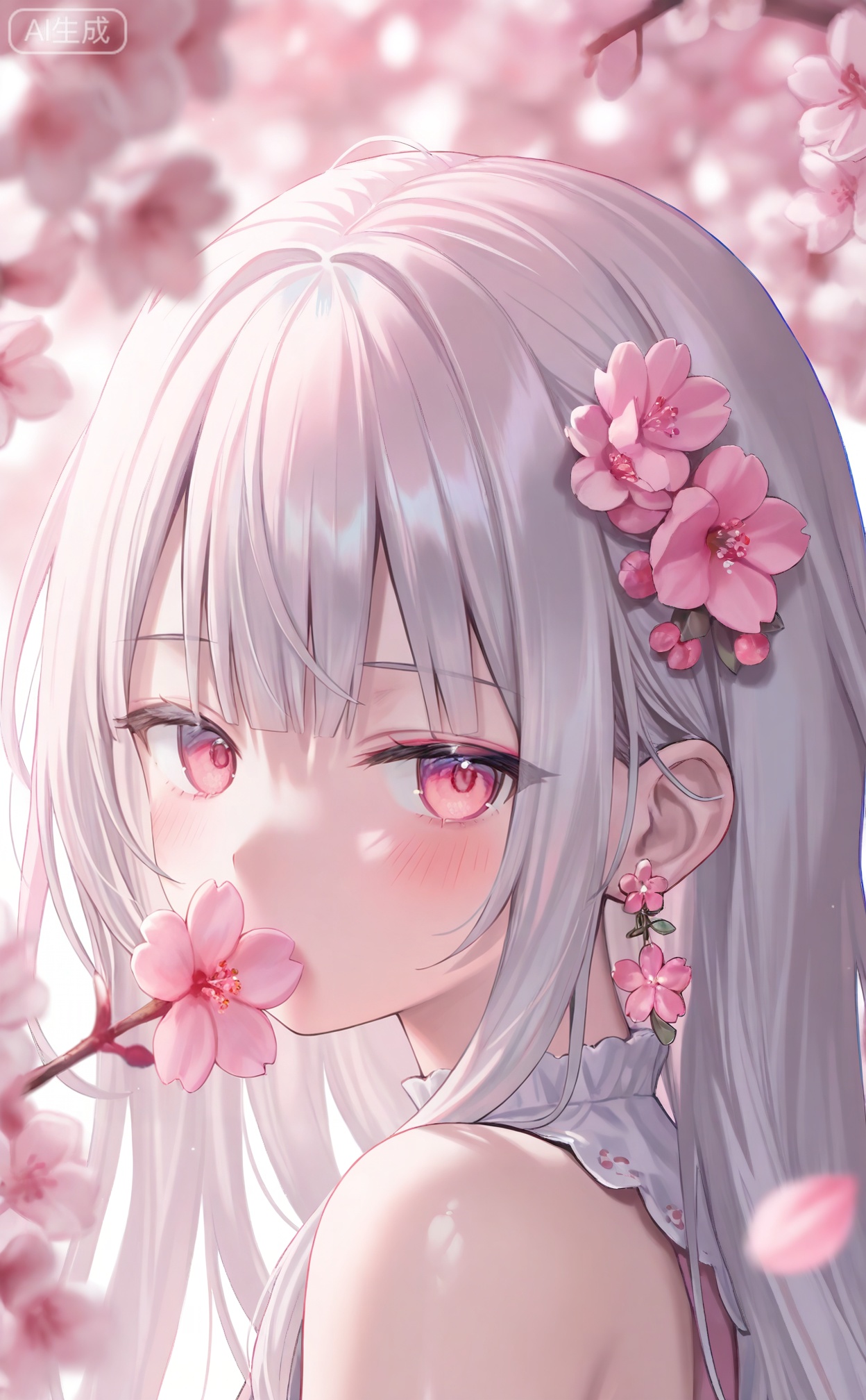 masterpiece,absurdres,best quality,((petite)),high quality,chromatic_aberration,shiny_skin,
//,
 1girl, flower, pink flower, solo, hair ornament, hair flower, earrings, portrait, blurry, jewelry, looking at viewer, depth of field, petals, close-up, pink eyes, covered mouth, flower earrings, blush, cherry blossoms, long hair, blurry foreground, white hair, blunt bangs, falling petals, pink rose, eyelashes, pink theme, spring (season) 
//,
(momoko_(momopoco):0.9),(momomoi_momoi:0.8),(misyune:0.75),(meion:1),(miwano_rag:0.6),(myowa:0.7),(myuu_(arisumeria):0.7),(myusha:0.9),
//,
Cinematic Lighting,depth_of_field,pastel colors,subsurface scattering,blurry,game_cg,