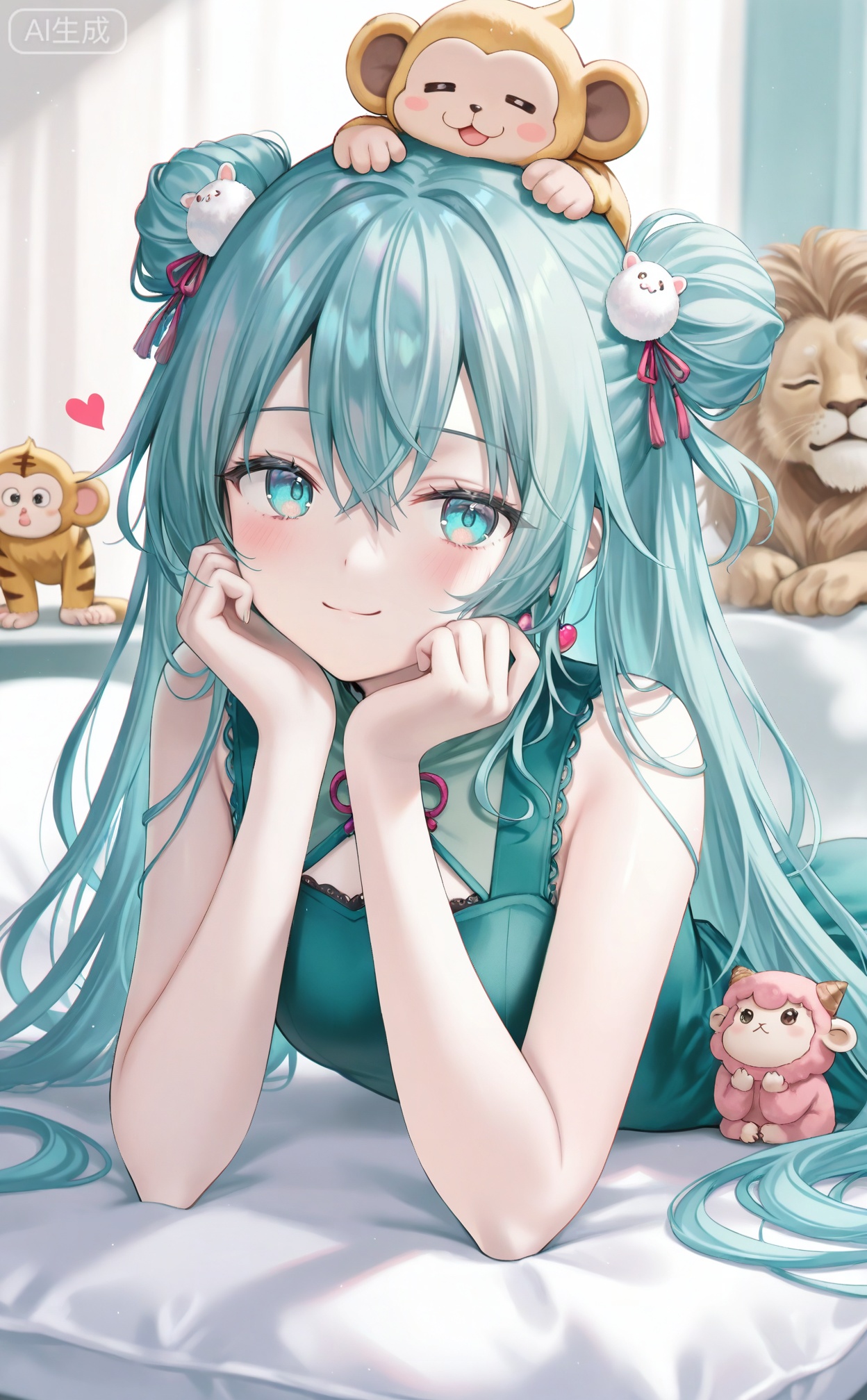 masterpiece,absurdres,best quality,((petite)),high quality,chromatic_aberration,shiny_skin,
//,
 1girl, hatsune_miku, double_bun, smile, hair_bun, looking_at_viewer, on_stomach, tiger, solo, head_rest, lion, lying, aqua_hair, aqua_eyes, heart, closed_mouth, dress, pom_pom_hair_ornament, hair_between_eyes, sleeveless, blush, pom_pom_\(clothes\), monkey, hands_on_own_face, on_head, hands_on_own_cheeks, animal, sheep, hair_ornament, blue_hair, signature, blue_eyes, animal_on_head, goat, sleeveless_dress, light_blush, creature, upper_body, green_dress
//,
(momoko_(momopoco):0.9),(momomoi_momoi:0.8),(misyune:0.75),(meion:1),(miwano_rag:0.6),(myowa:0.7),(myuu_(arisumeria):0.7),(myusha:0.9),
//,
Cinematic Lighting,depth_of_field,pastel colors,subsurface scattering,blurry,game_cg,
