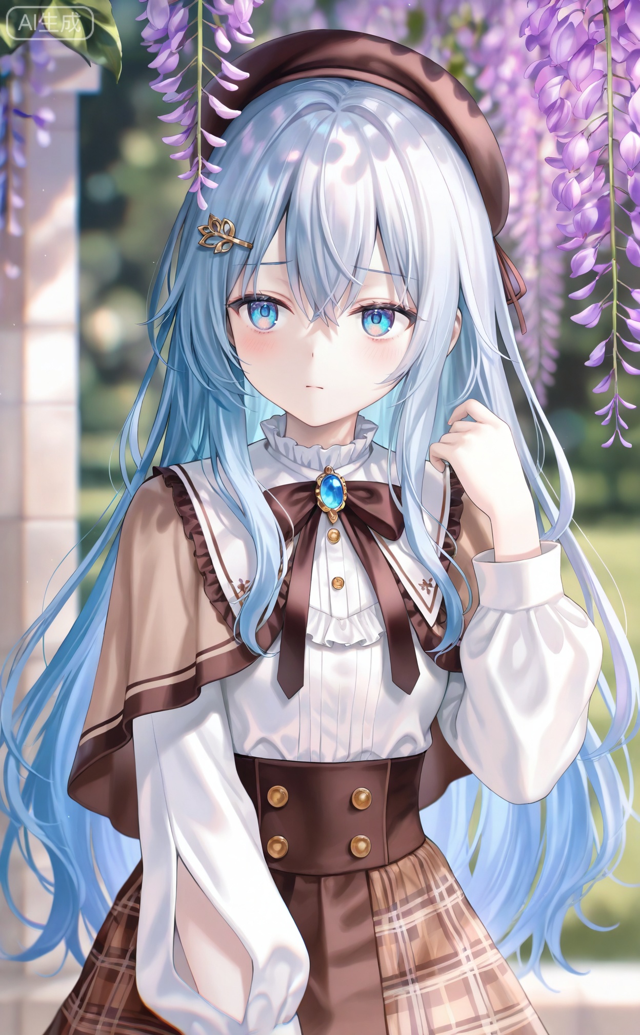 masterpiece,absurdres,best quality,((petite)),high quality,chromatic_aberration,hiny_skin,
//,
1girl,solo,long hair,hat,blue eyes,long sleeves,hair ornament,flower,skirt,shirt,wisteria,white shirt,beret,very long hair,brooch,brown headwear,brown skirt,closed mouth,white hair,puffy sleeves,frills,blue hair,outdoors,bow,hand up,black headwear,ribbon,puffy long sleeves,blurry,brown capelet,
//,
(momoko_(momopoco):0.9),(momomoi_momoi:0.8),(misyune:0.75),(meion:1),(miwano_rag:0.6),(myowa:0.7),(myuu_(arisumeria):0.7),(myusha:0.9),