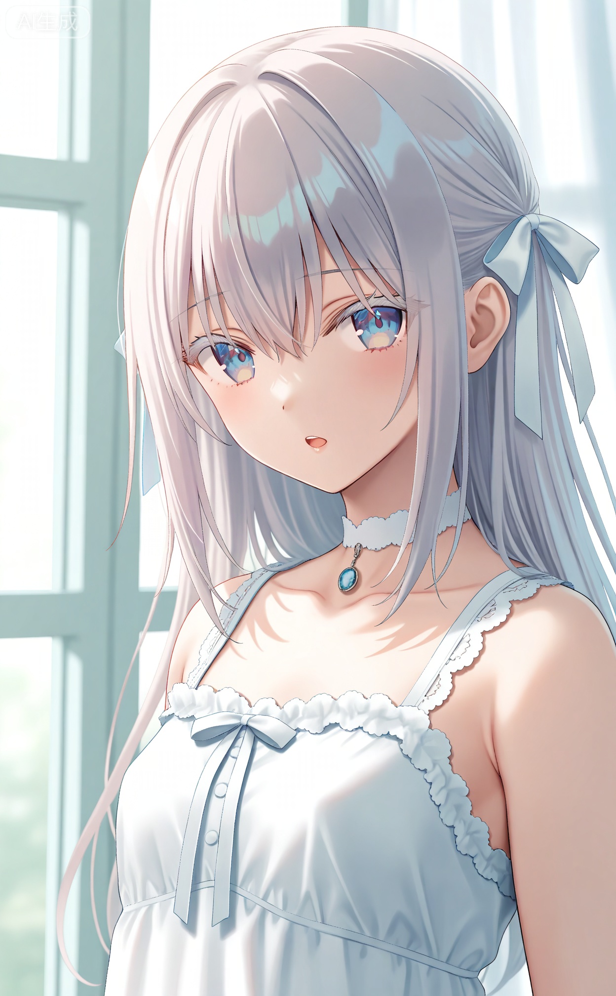masterpiece,absurdres,best quality,petite,high quality,chromatic_aberration,mmd,
//,
1girl, solo, collarbone, looking_at_viewer, long_hair, curtains, hair_between_eyes, parted_lips, bow, choker, window, white_theme, white_bow, hair_ornament, bare_shoulders, white_hair, transparent, grey_eyes, white_choker, portrait, blue_eyes, teeth, hair_bow, indoors, upper_teeth_only, white_eyes, open_mouth, ribbon, colored_eyelashes
//,
potorealistic,((Artist:na-ga)),artist:luvluvvox,artist:fukai ryosuke,[artist:Torino aqua],artist:minato hitori,hiten_(hitenkei),artist:rurudo,artist:lazuri7,artist:yunikon,artist:ramchi,(courreges_ace),