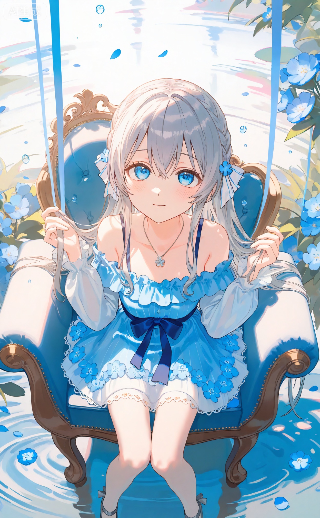 masterpiece,absurdres,best quality,petite,high quality,chromatic_aberration,mmd,
//,
1girl,flower,solo,looking at viewer,sitting,long hair,blue eyes,dress,blue flower,chair,from above,grey hair,smile,blush,closed mouth,floral print,necklace,long sleeves,bow,hair between eyes,off shoulder,off-shoulder dress,jewelry,knees together feet apart,blue bow,bare shoulders,on chair,white dress,holding hair,looking up,braid,hands up,water,water drop,petals,very long hair,ripples,cover image,shoes,grey footwear,black footwear,novel cover,ribbon,hair ornament,armchair,holding,blue ribbon,blue dress,
//,
(ciloranko:0.9),(wanke:0.5),(umehara_sei:1.2),(shiina_1001:0.8),(chiu538:0.7),(sakura_(39ra):0.6),(qizhu:0.88),(mikisai:0.5),