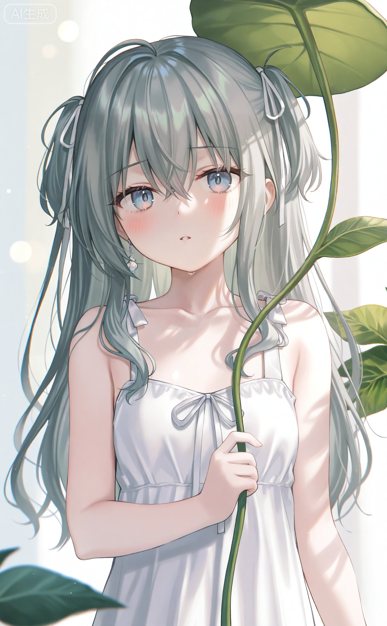 masterpiece,absurdres,best quality,((petite)),high quality,chromatic_aberration,shiny_skin,
//,
 1girl, solo, long hair, looking at viewer, blush, bangs, blue eyes, dress, ribbon, holding, hair between eyes, bare shoulders, closed mouth, collarbone, hair ribbon, upper body, grey hair, parted lips, green hair, sleeveless, white dress, two side up, grey eyes, sleeveless dress, leaf, white ribbon, minigirl, holding leaf, leaf umbrella ,depth of field,cinematic lighting,light particles,lens flare, extreme aesthetic,masterpiece,best quality,good quality,newest,very aesthetic,absurdres,A shot with tension,
//,
(momoko_(momopoco):0.9),(momomoi_momoi:0.8),(misyune:0.75),(meion:1),(miwano_rag:0.6),(myowa:0.7),(myuu_(arisumeria):0.7),(myusha:0.9),