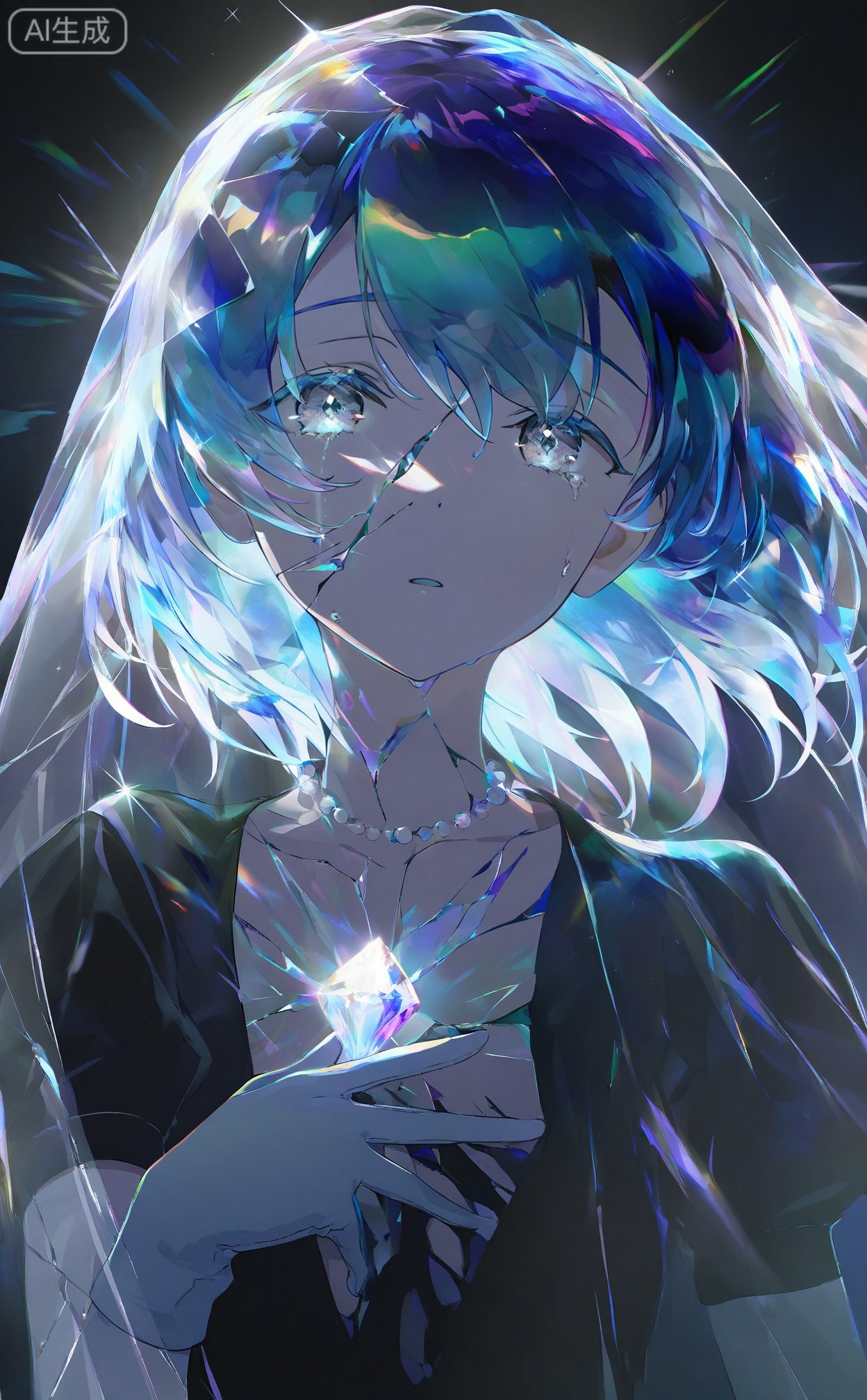 masterpiece,absurdres,best quality,((petite)),high quality,chromatic_aberration,dark,black theme,
//,
diamond_\(houseki_no_kuni\),solo,crystal_hair,1other,other_focus,white_gloves,gem_uniform_\(houseki_no_kuni\),gloves,cracked_skin,androgynous,looking_at_viewer,parted_lips,upper_body,short_hair,glint,hand_on_own_chest,veil,blue_hair,collarbone,multicolored_hair,gem,grey_eyes,pearl_\(gemstone\),hair_between_eyes,jewelry,dress,pearl_necklace,1girl,crack,glowing_hair,black_shirt,genderswap_\(otf\),diamond_\(gemstone\),black_dress,beads,shirt,sparkle,blue_eyes,crying,crying_with_eyes_open,light_blue_hair,hand_up,white_hair,see-through,tears,necklace,transparent,rainbow_hair,blue_theme,