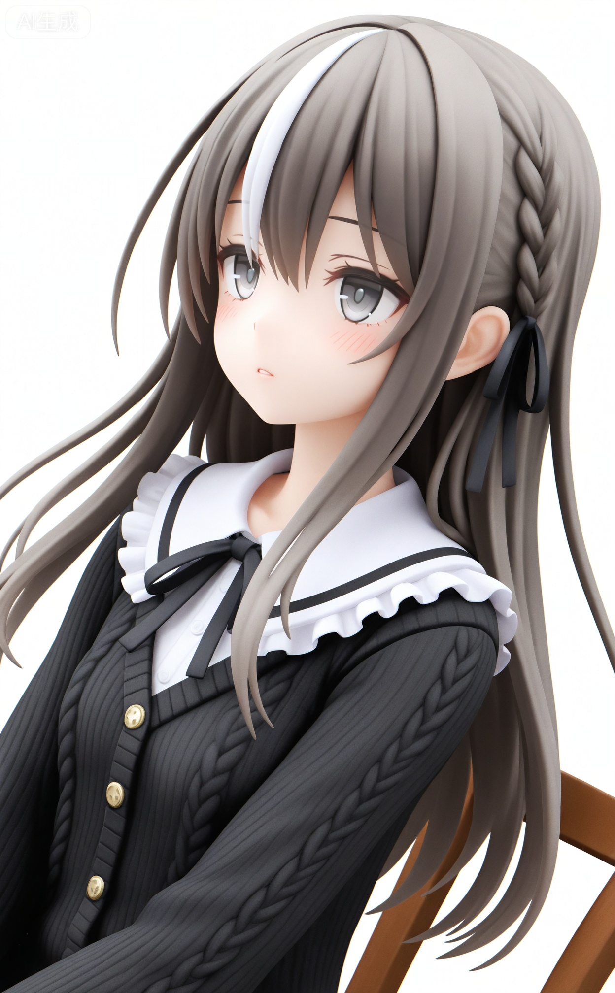 masterpiece,absurdres,best quality,petite,high quality,chromatic_aberration,mmd,
//,
1girl,solo,braid,long_hair,frilled_shirt_collar,white_background,chair,ribbon,frills,simple_background,black_ribbon,black_cardigan,brown_hair,dutch_angle,upper_body,neck_ribbon,cardigan,grey_eyes,frilled_collar,parted_lips,feathers,multicolored_hair,expressionless,shirt,sweater,frilled_sailor_collar,sidelocks,hair_ribbon,sitting,two-tone_hair,hair_between_eyes,dress,looking_ahead,grey_hair,frilled_shirt,black_sweater,cable_knit,black_eyes,blush,black_dress,white_hair,on_chair,black_hair,