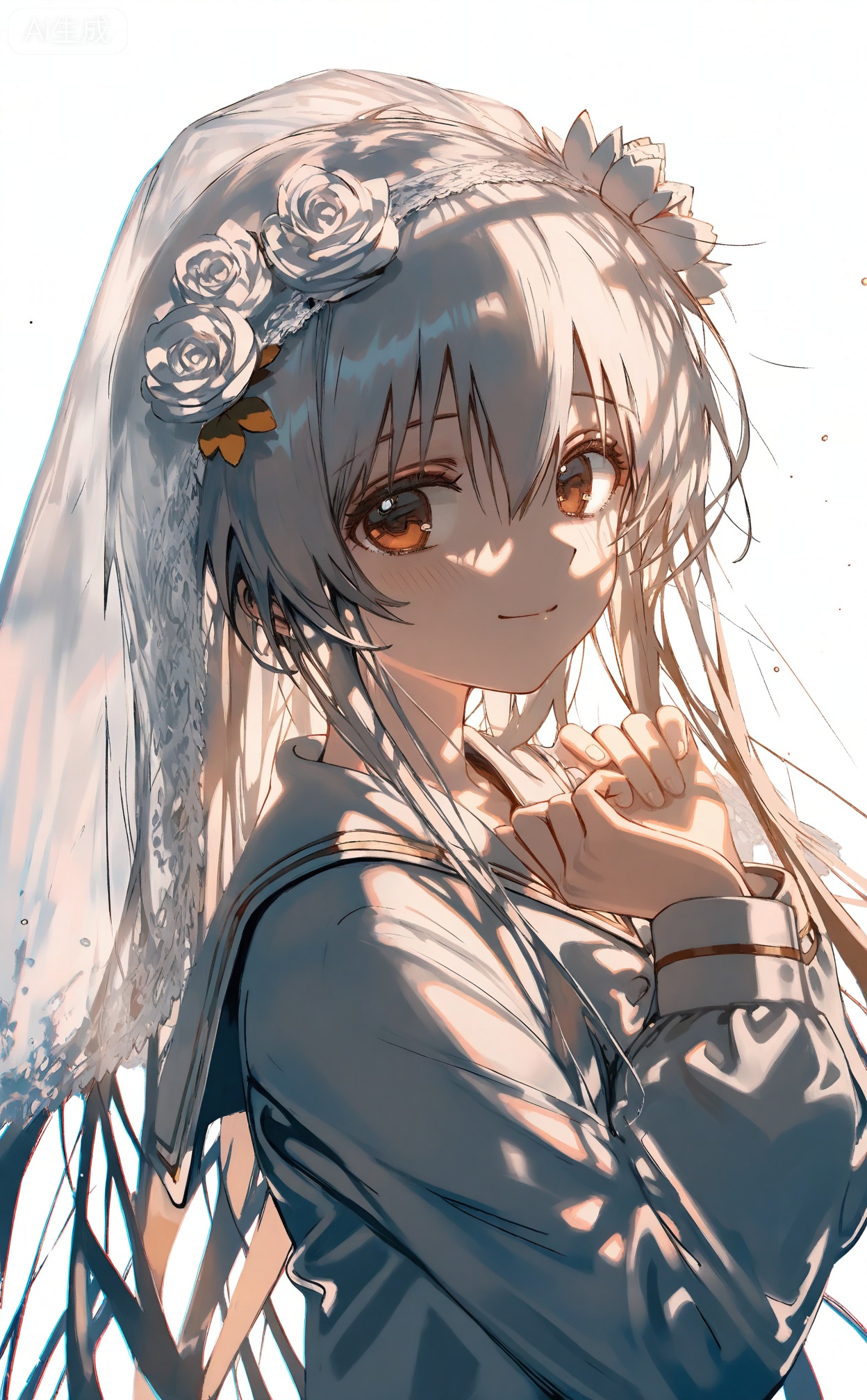masterpiece,absurdres,best quality,((petite)),high quality,chromatic_aberration,shiny_skin,mmd,
//,
1girl, solo, veil, long_hair, smile, long_sleeves, sailor_collar, looking_at_viewer, hair_between_eyes, shirt, flower, hair_ornament, puffy_long_sleeves, white_shirt, hair_flower, closed_mouth, school_uniform, white_background, upper_body, white_hair, serafuku, rose, puffy_sleeves, light_particles, simple_background, brown_eyes, white_sailor_collar, backlighting, muted_color, white_theme, white_bow, hands_up, bridal_veil, portrait, grey_hair
//,
(shiratama \(shiratamaco\)),{{umehara sei}},(((wlop))),{chen bin},((((ciloranko)))),{onineko},{noyu},{konya_karasue},