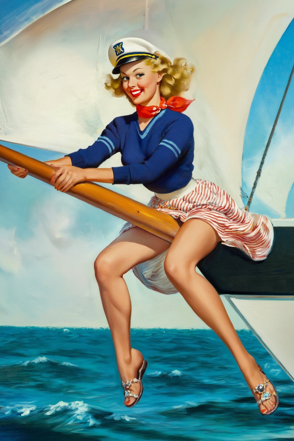 gilelvgren9z illustration. A cheerfully smiling woman,  shown in 3/4 view,  with bright red lips on Tensor.Art
