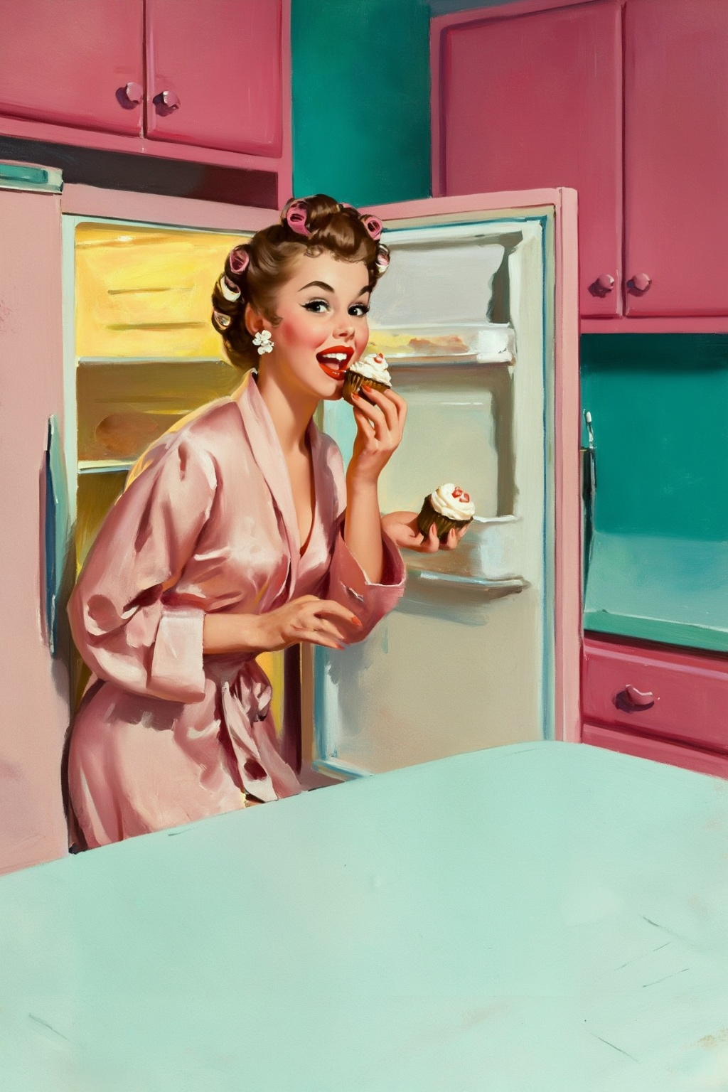 gilelvgren9z illustration. Young woman caught in a playful late-night snack moment. She is leaning against a light pink vi...