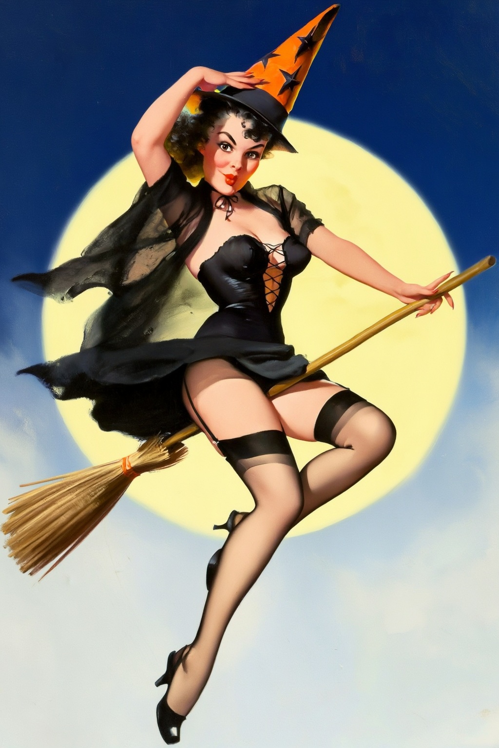 gilelvgren9z illustration. A woman is shown in 3/4 view,  dressed as a witch,  with dark on Tensor.Art