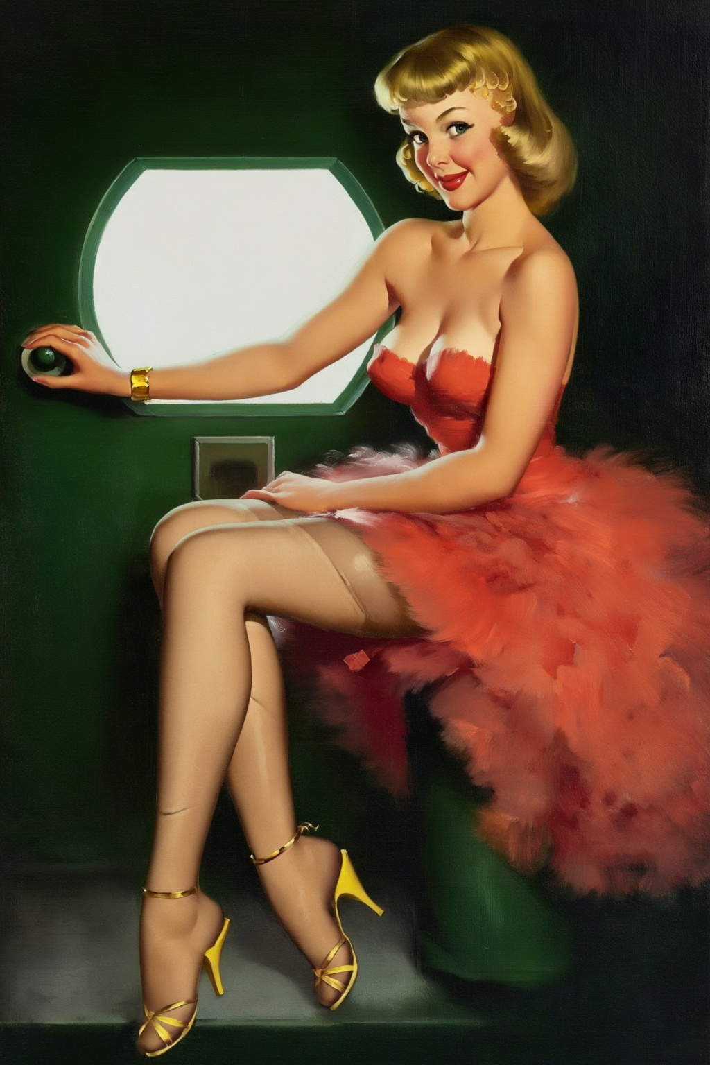 gilelvgren9z illustration. A smiling woman,  shown in 3/4 view,  looking at the viewer from the corner of her eyes. She ha...