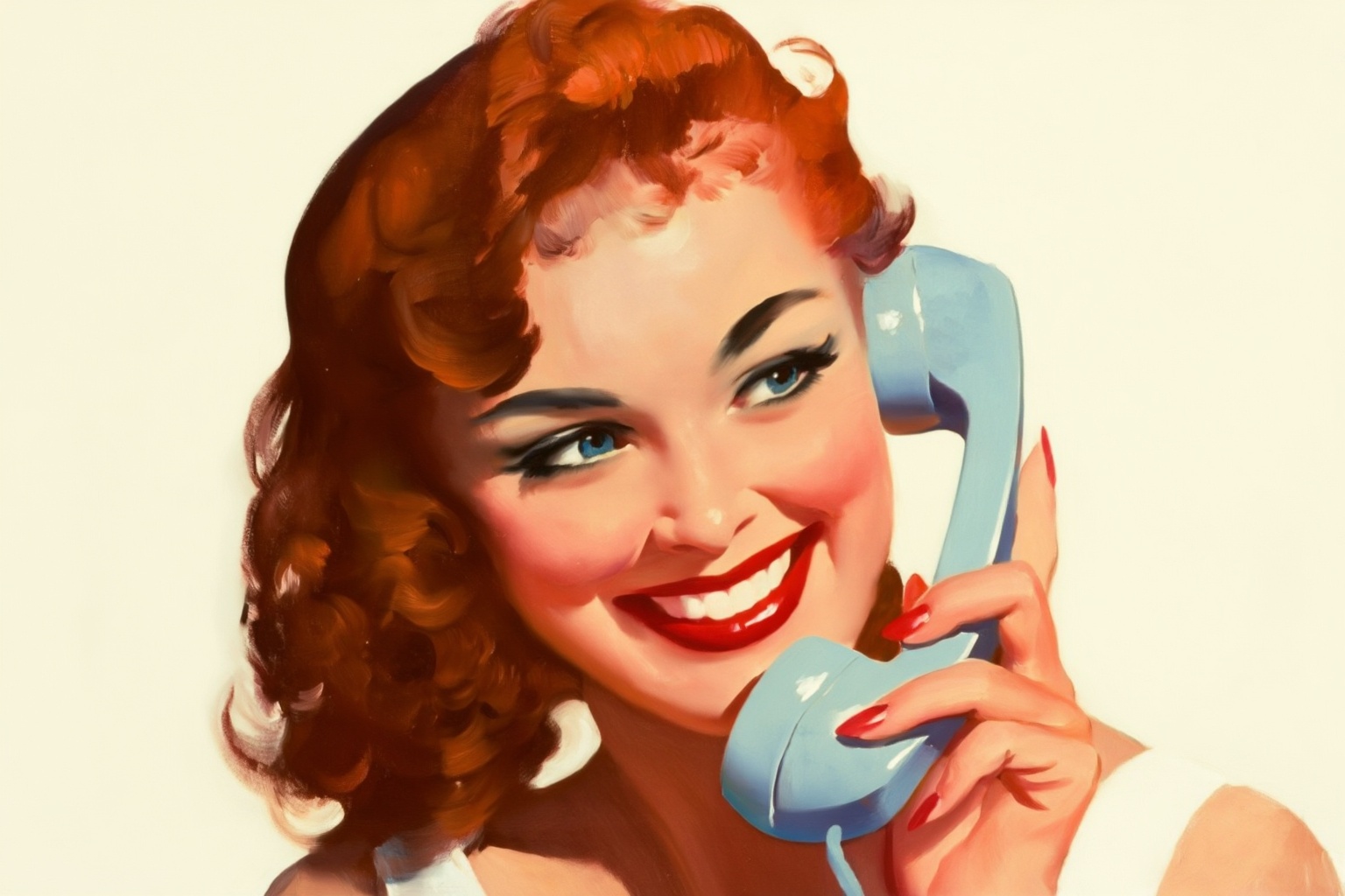 gilelvgren9z illustration. Close-up of a woman with a cheerful expression captured mid-conversation. She is holding a ligh...