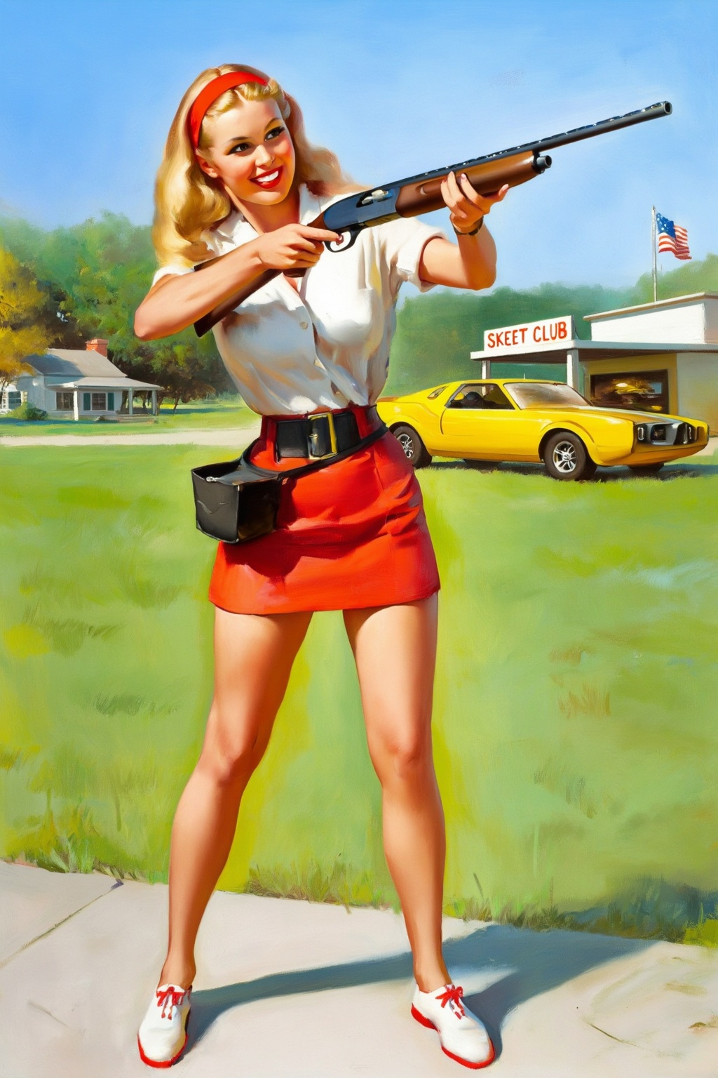 gilelvgren9z illustration. A woman stands outdoors on a sunny day,  smiling brightly and looking off-camera to her right a...