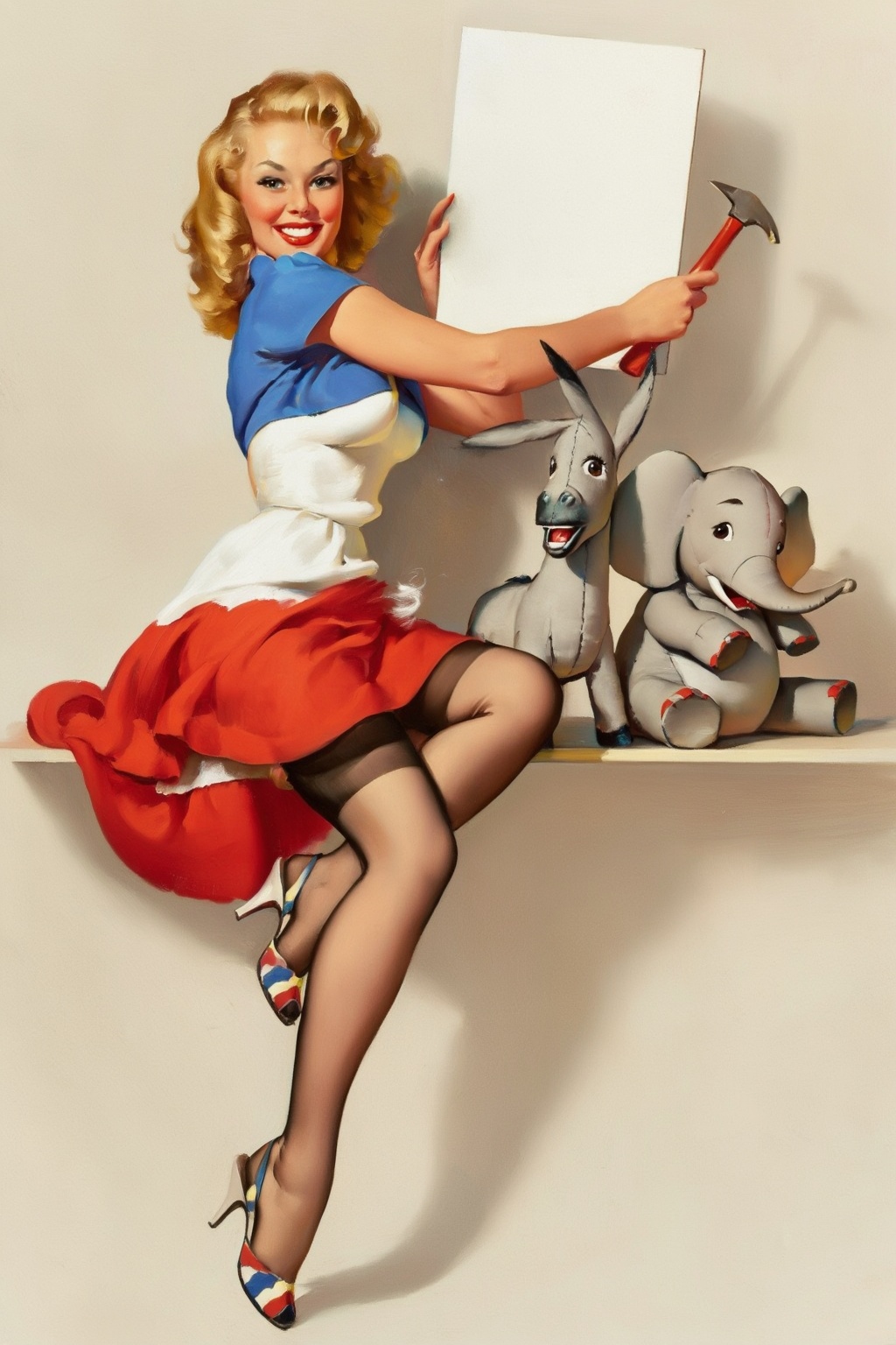 gilelvgren9z illustration. On the left is a smiling blonde woman with wavy hair sitting playfully on a shelf,  turning her...