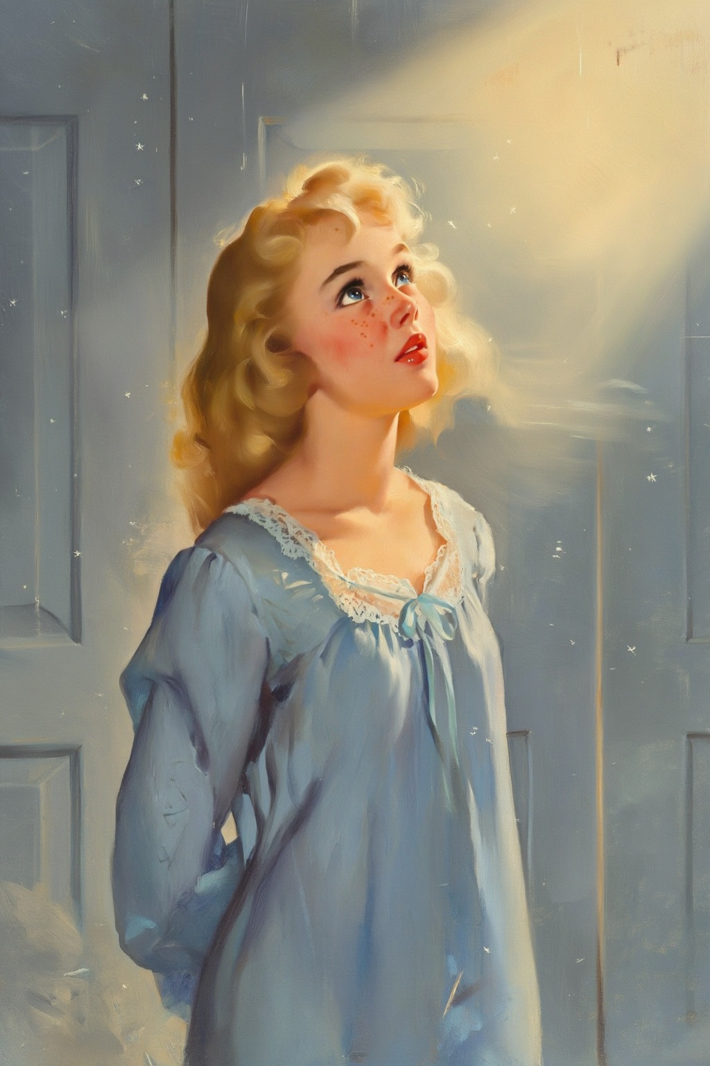 gilelvgren9z illustration. Young woman,  shown in 3/4 view,  with wavy on Tensor.Art
