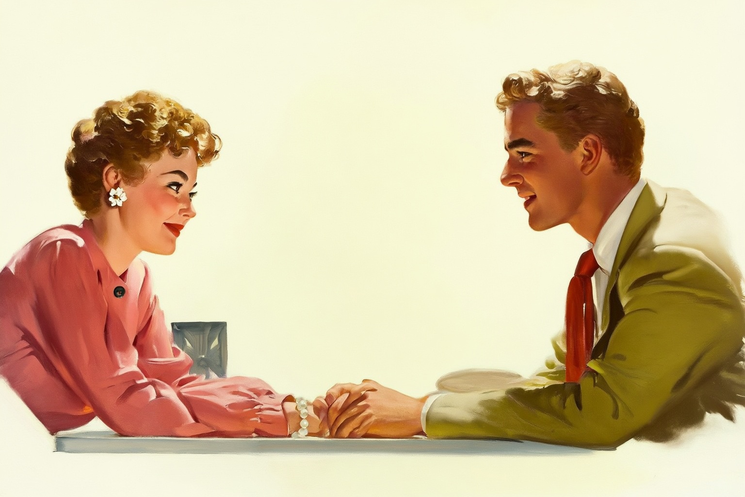 gilelvgren9z illustration. A smiling woman and man,  shown in side profiles,  sit across from each other at a table on Ten...