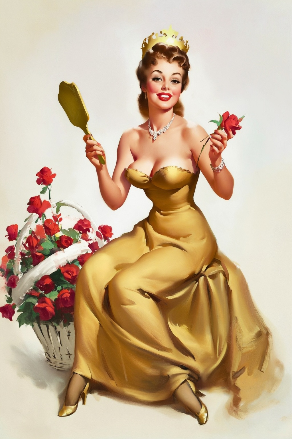 gilelvgren9z illustration. A smiling woman with brown wavy hair styled in a vintage updo and wearing a gold crown sits,  l...
