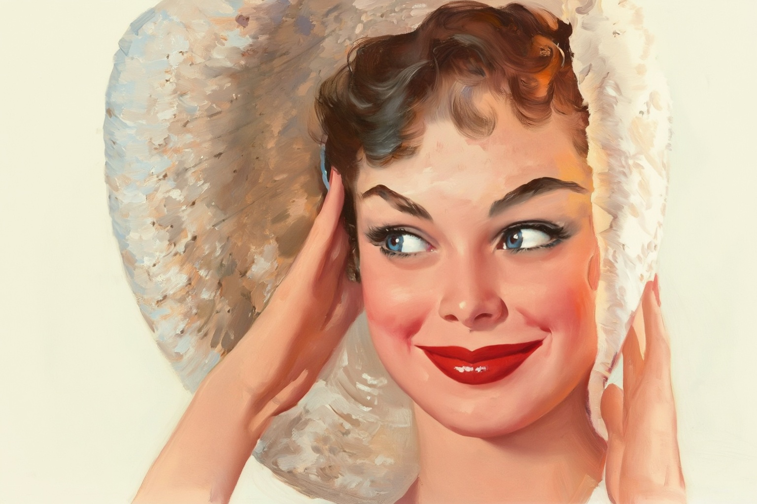 gilelvgren9z illustration. Close-up of a smiling woman with red lipstick and blue eyes,  looking coyly to the left from th...