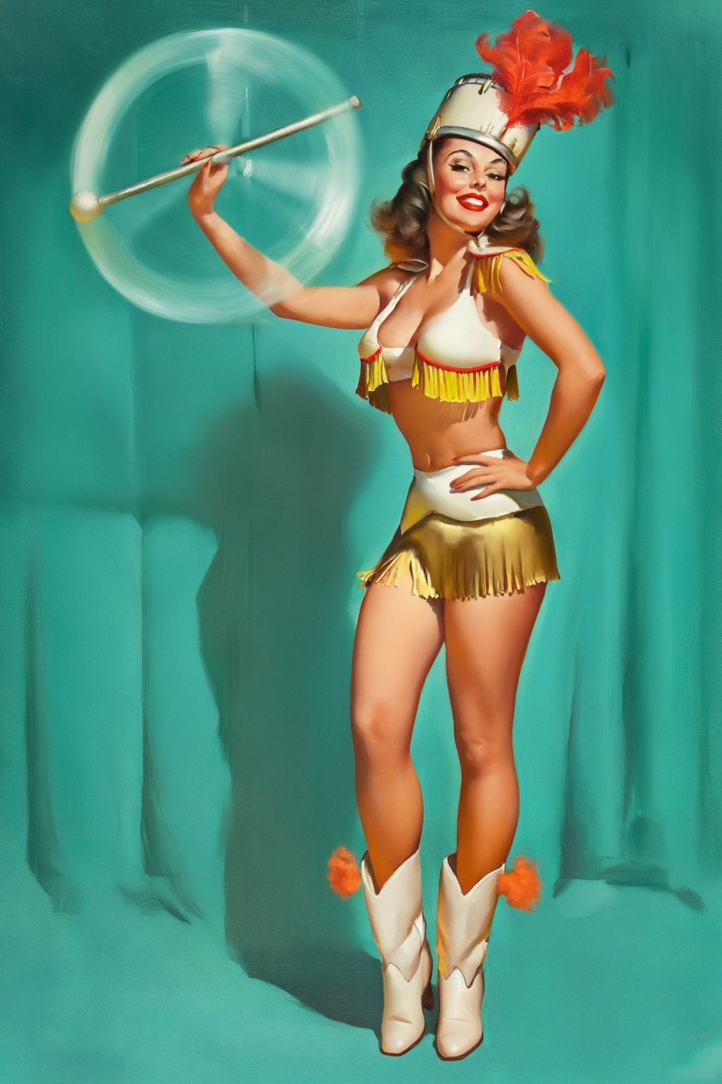 gilelvgren9z illustration. A smiling woman with dark brown wavy hair,  wearing a white drum major hat with a prominent red...