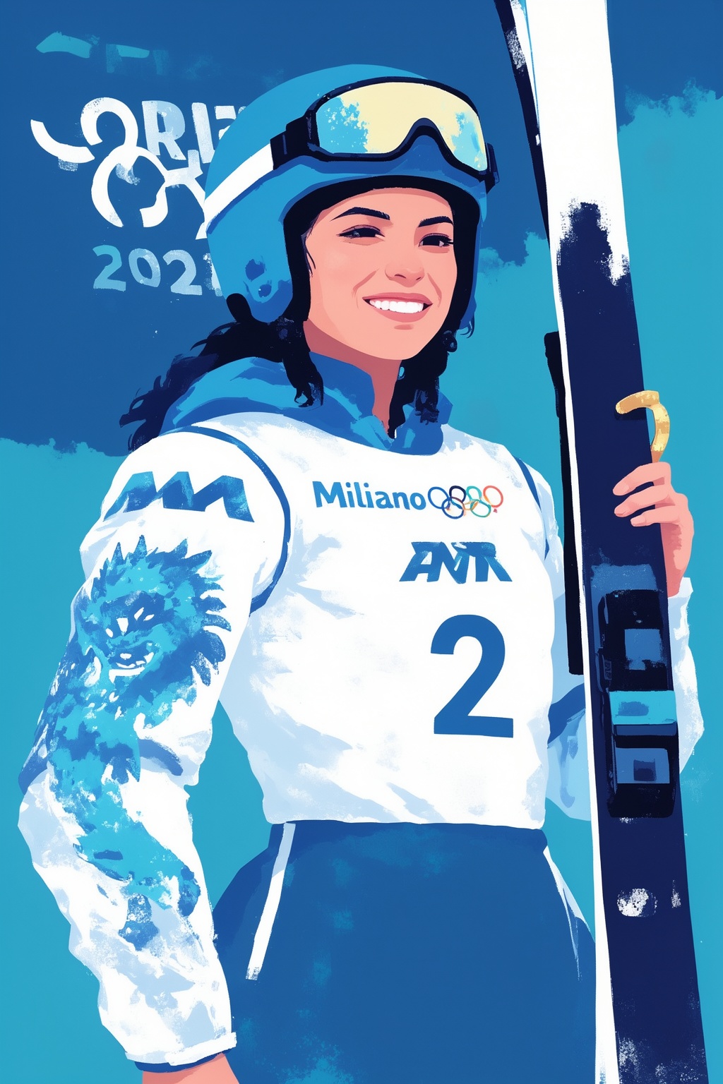 minimalist8k illustration. On the left is a female freestyle skier is smiling warmly while posing against a blue "Milano C...