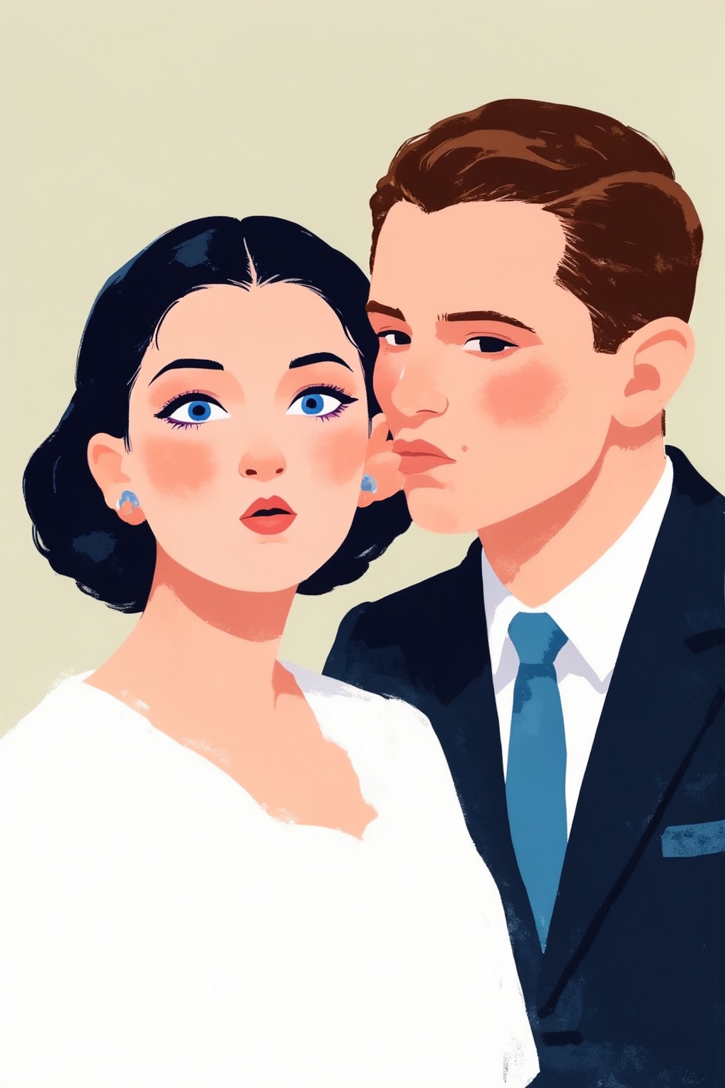 minimalist8k illustration. Close-up of 1930s European couple in a playful,  intimate moment. The woman,  on the left on Te...