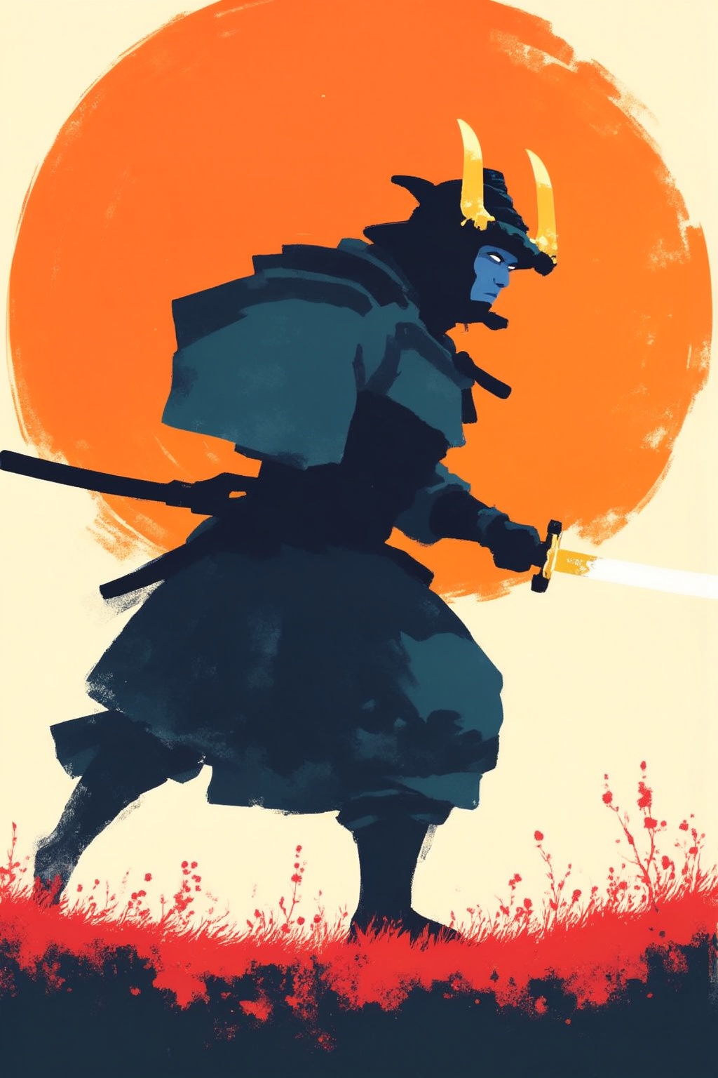 minimalist8k illustration. A samurai warrior,  shown in side profile,  is running forward on Tensor.Art