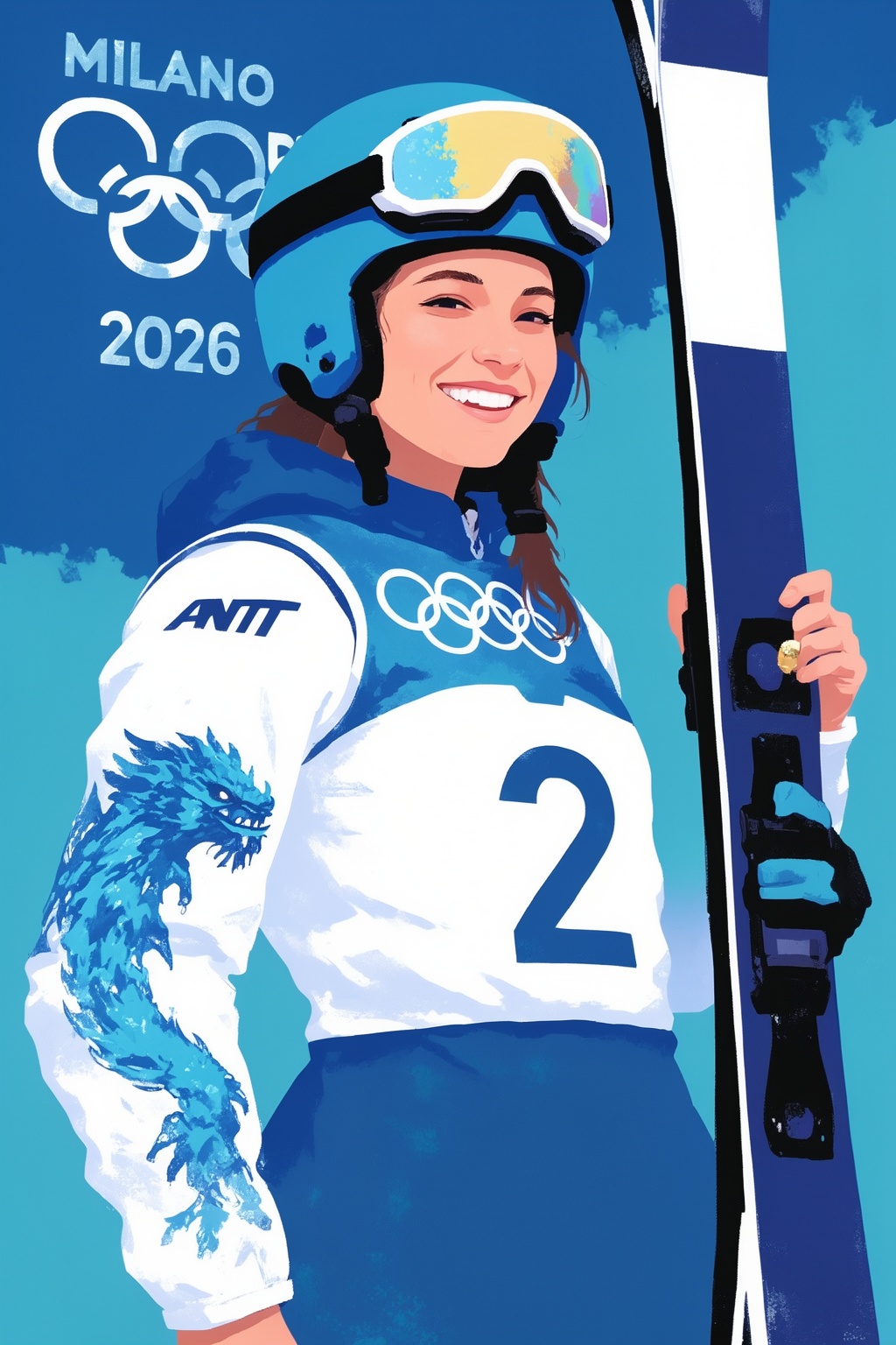 minimalist8k illustration. On the left is a female freestyle skier is smiling warmly while posing against a blue "Milano C...