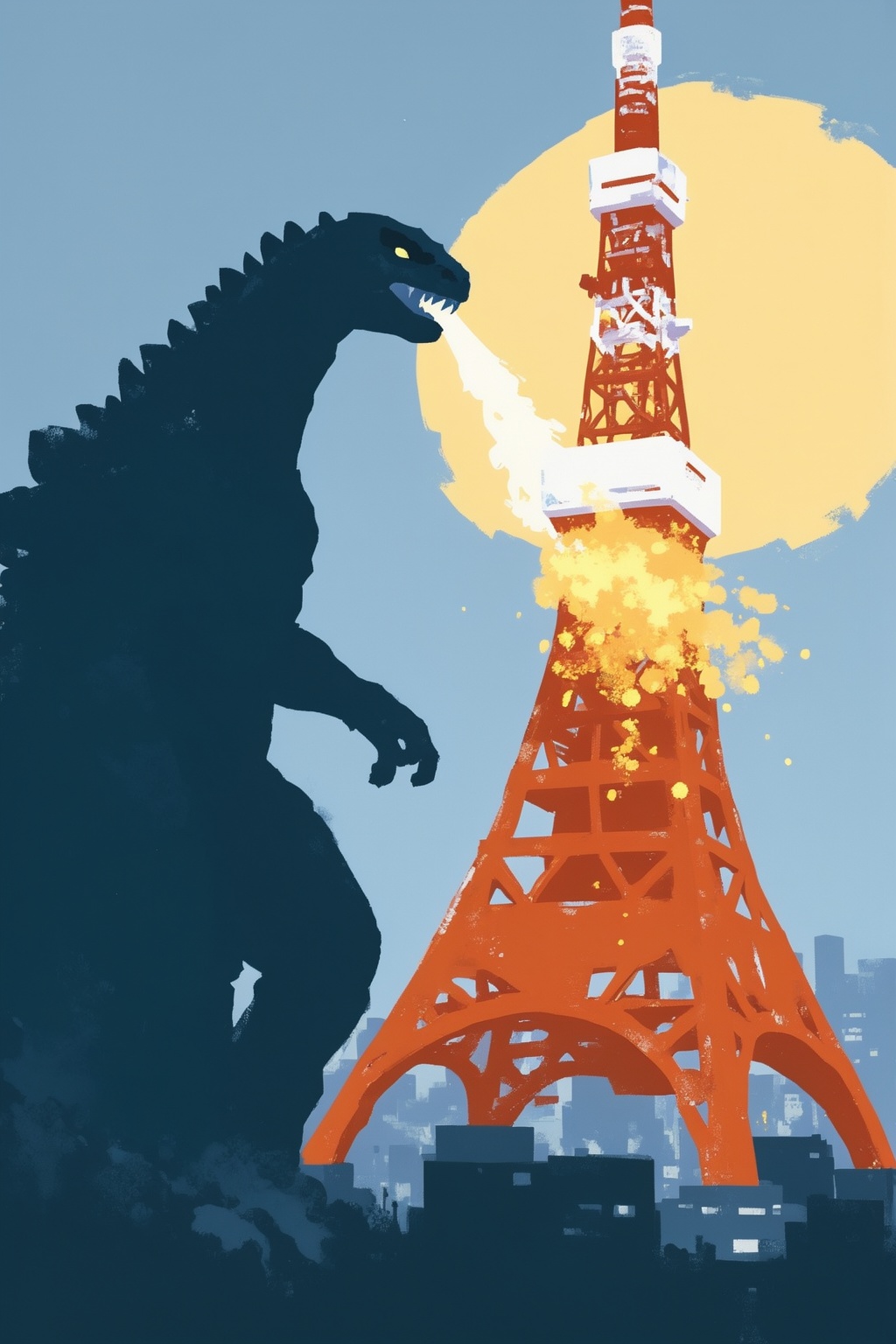 minimalist8k illustration. Godzilla breathing fire at Tokyo Tower. on Tensor.Art