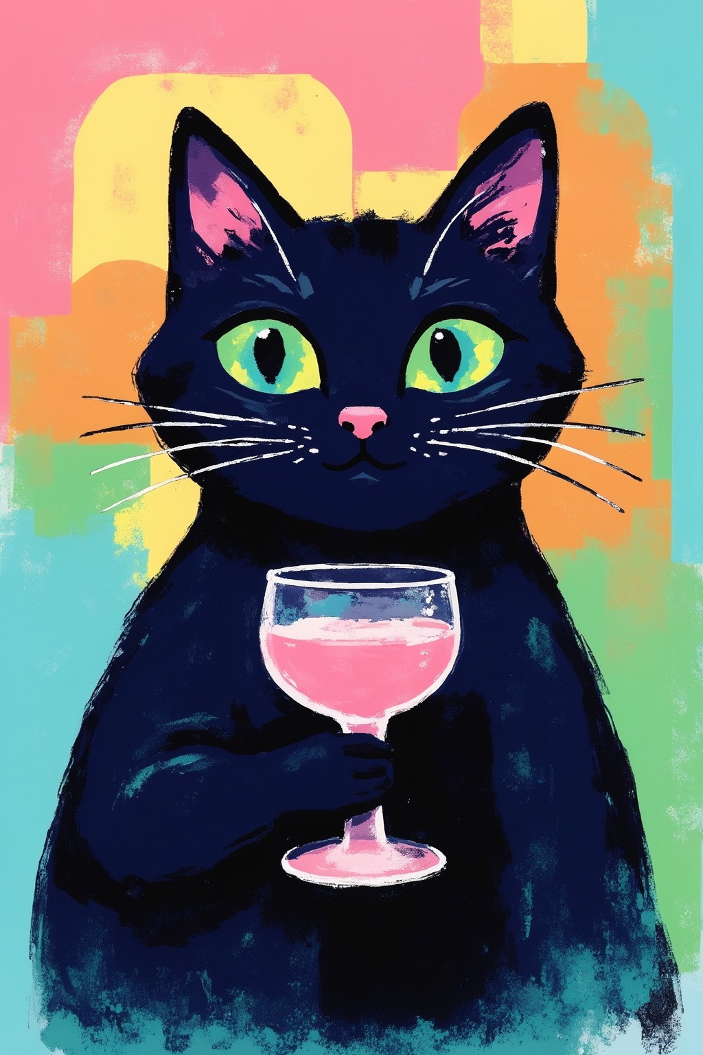 minimalist8k illustration. Whimsical modern storybook illustration featuring a stylized black cat with large,  expressive...