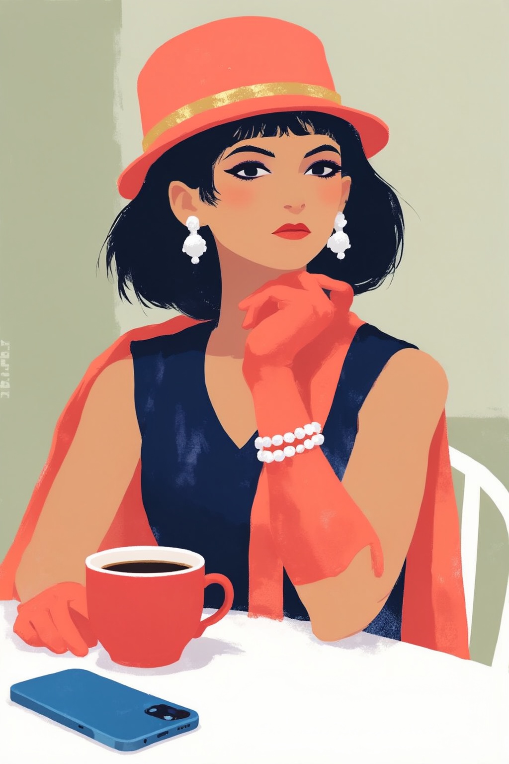 minimalist8k illustration. Waist-up medium shot of a slender flapper woman,  shown in 3/4 view from the 1920s with tan ski...