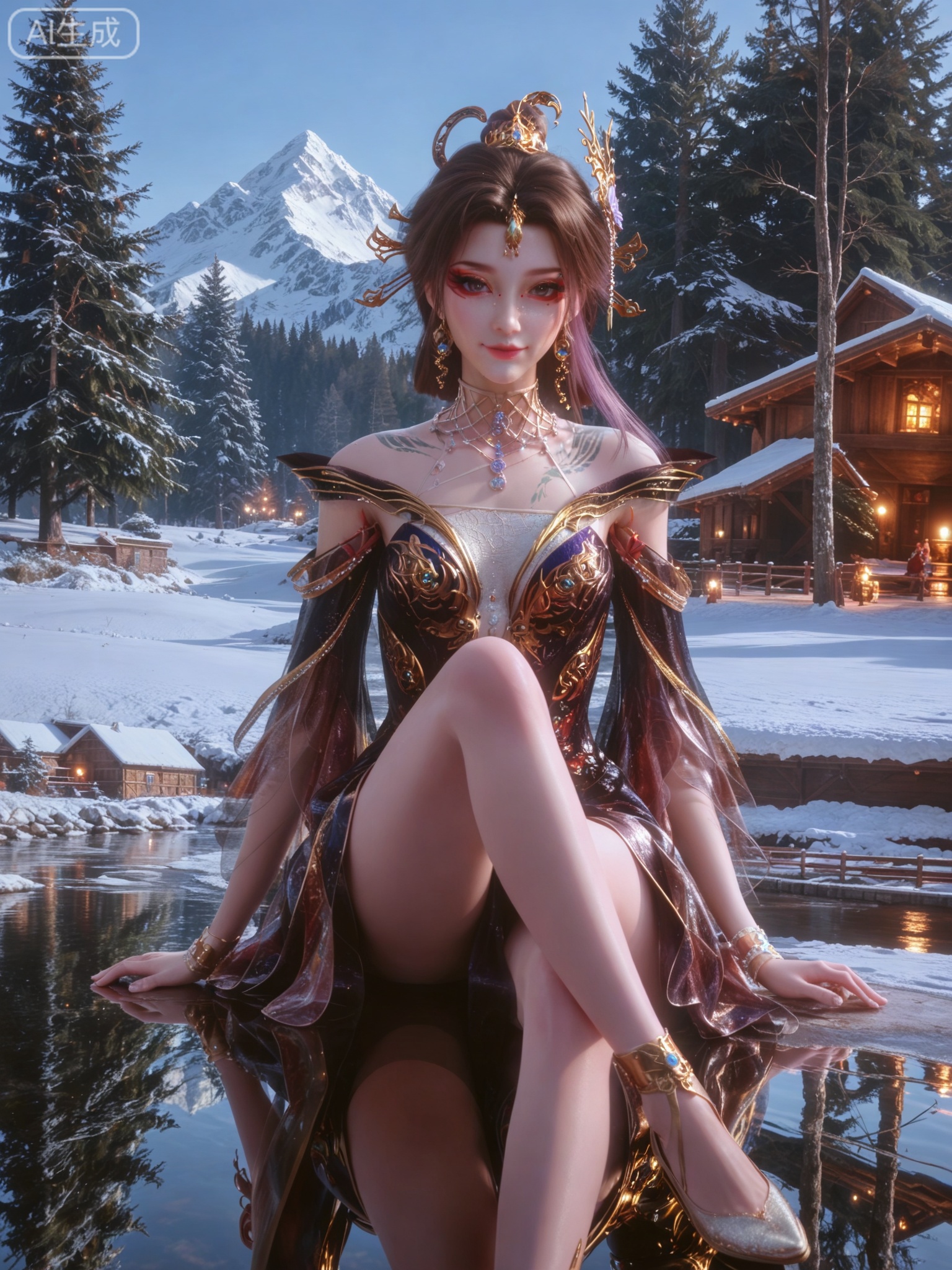 score_9,score_8_up,score_7_up,masterpiece,(best quality),(intricate details:0.9) BREAK (intricate details:0.9),(realistic skin:1.2),masterpiece,best quality,newest,absurdres,hiahres,1girl,jewelry,hair ornament,dress,necklace,lips,eyeshadow,bracelet,tassel,(8k ultra-clear, pony style),photo pose 0.6, micro-expression: soft smile 0.3, half-body + medium shot 0.7,1girl,looking_at_viewer,1boy,hair,realistic,photorealistic,Vivid Colors,bright environment,shiny skin,shiny hairjewelry,detail eyes,Eyes highlights,glowing,sunshine,bright,reflection,bright,sunshine on face,shiny,shinny,petite,thin,leg slimming,lose weight,slim hips,lakeside,delicate water,reflection,(full body:1.2)sitting_down,eyelashes,snow,Winter,Snowy landscape,Snow accumulation,Christmas tree,black-hair,