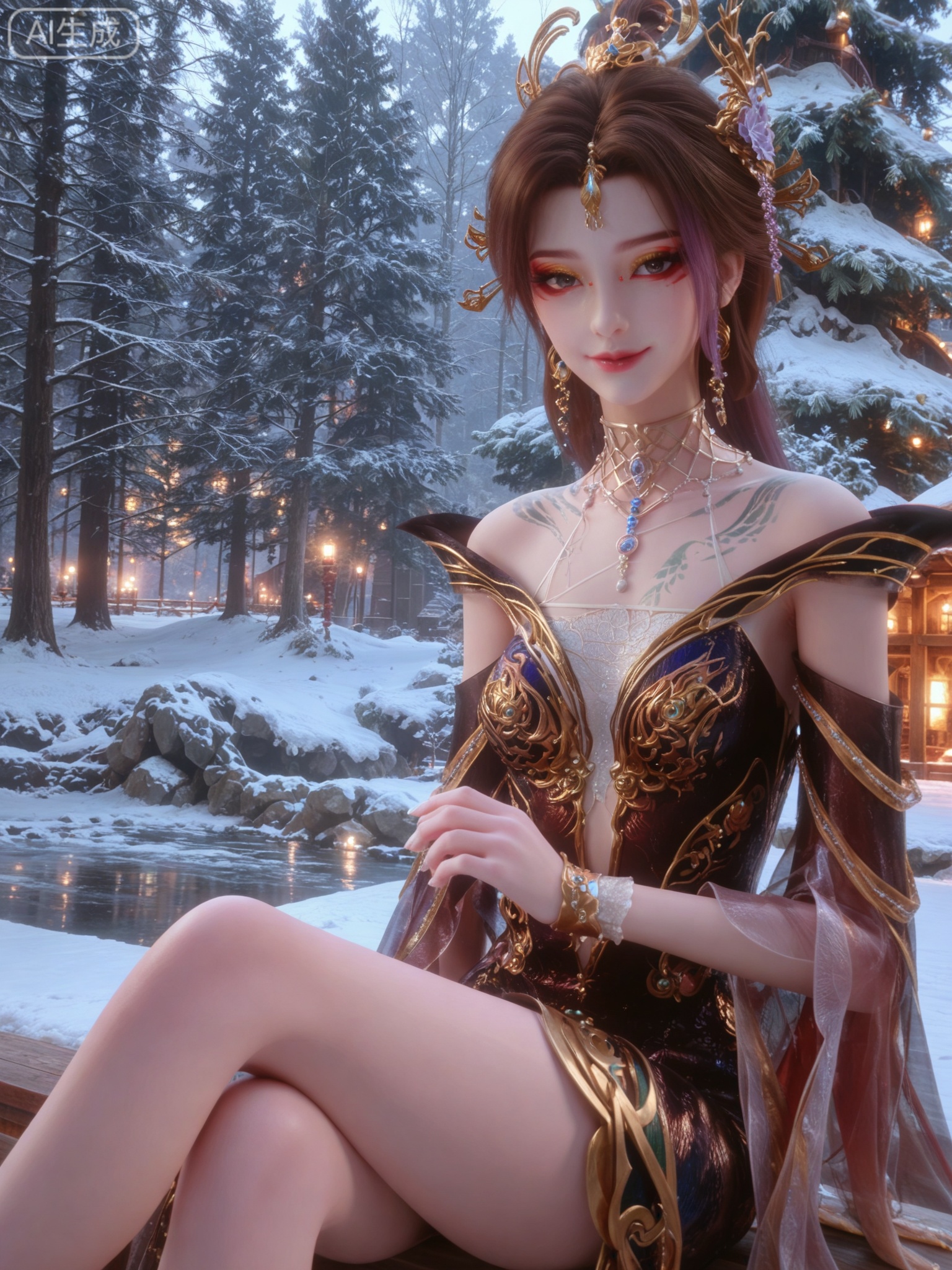 score_9,score_8_up,score_7_up,masterpiece,(best quality),(intricate details:0.9) BREAK (intricate details:0.9),(realistic skin:1.2),masterpiece,best quality,newest,absurdres,hiahres,1girl,jewelry,hair ornament,dress,necklace,lips,eyeshadow,bracelet,tassel,(8k ultra-clear, pony style),photo pose 0.6, micro-expression: soft smile 0.3, half-body + medium shot 0.7,1girl,looking_at_viewer,1boy,hair,realistic,photorealistic,Vivid Colors,bright environment,shiny skin,shiny hairjewelry,detail eyes,Eyes highlights,glowing,sunshine,bright,reflection,bright,sunshine on face,shiny,shinny,petite,thin,leg slimming,lose weight,slim hips,lakeside,delicate water,reflection,(full body:0.8)sitting_down,eyelashes,snow,Winter,Snowy landscape,Snow accumulation,Christmas tree,black-hair,