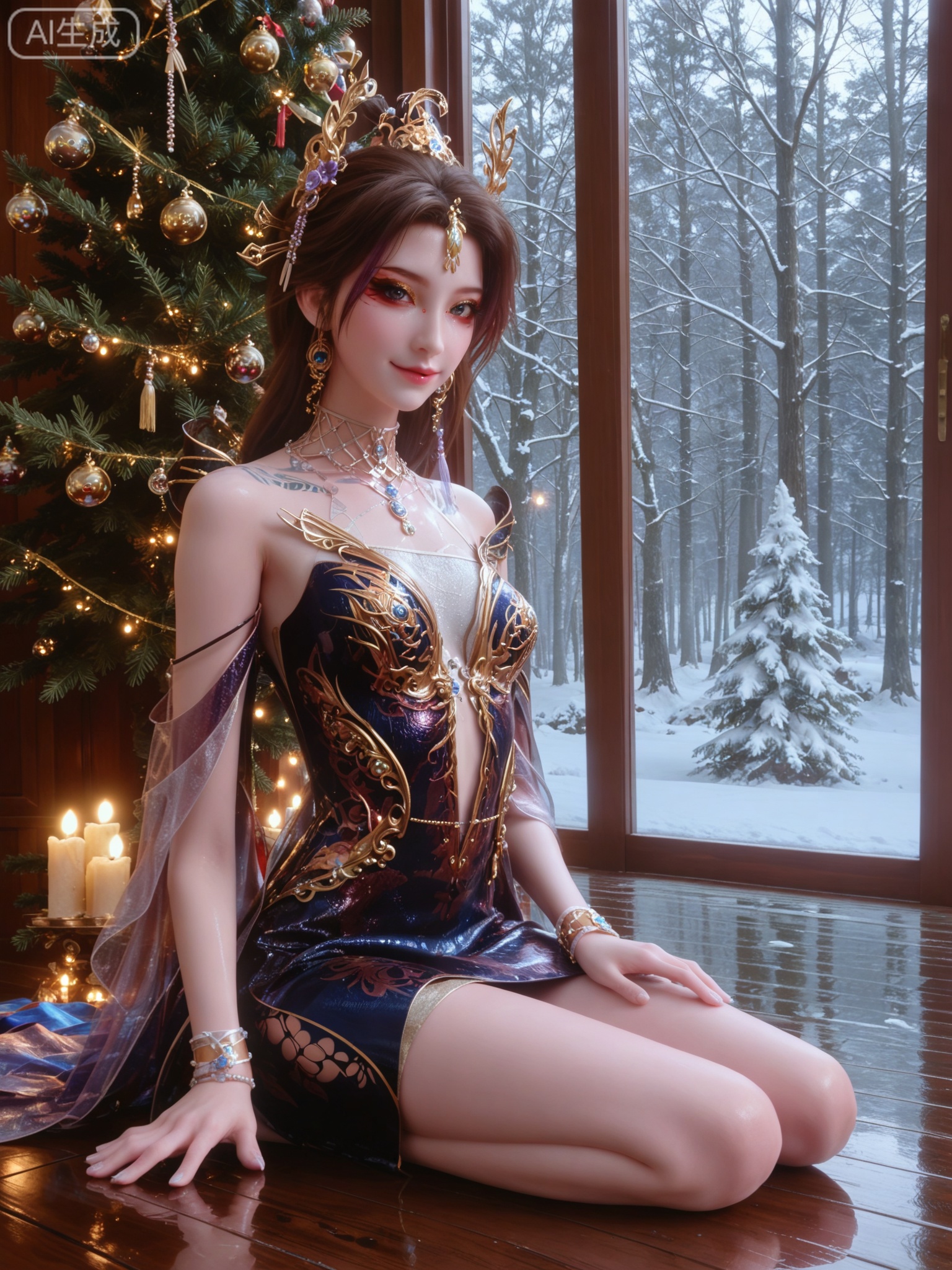 score_9,score_8_up,score_7_up,masterpiece,(best quality),(intricate details:0.9) BREAK (intricate details:0.9),(realistic skin:1.2),masterpiece,best quality,newest,absurdres,hiahres,1girl,jewelry,hair ornament,dress,necklace,lips,eyeshadow,bracelet,tassel,(8k ultra-clear, pony style),photo pose 0.6, micro-expression: soft smile 0.3, half-body + medium shot 0.7,1girl,looking_at_viewer,1boy,hair,realistic,photorealistic,Vivid Colors,bright environment,shiny skin,shiny hairjewelry,detail eyes,Eyes highlights,glowing,sunshine,bright,reflection,bright,sunshine on face,shiny,shinny,petite,thin,leg slimming,lose weight,slim hips,lakeside,delicate water,reflection,(full body:0.8)sitting_down,eyelashes,snow,Winter,Snowy landscape,Snow accumulation,Christmas tree,black-hair,